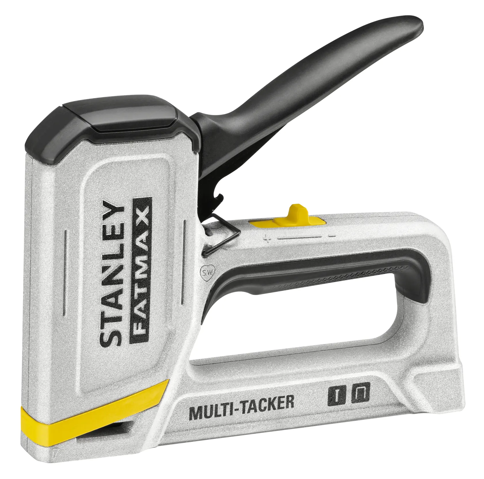 STANLEY FMHT70443-0 manual multi-tacker, silver and black, side angle on white background.