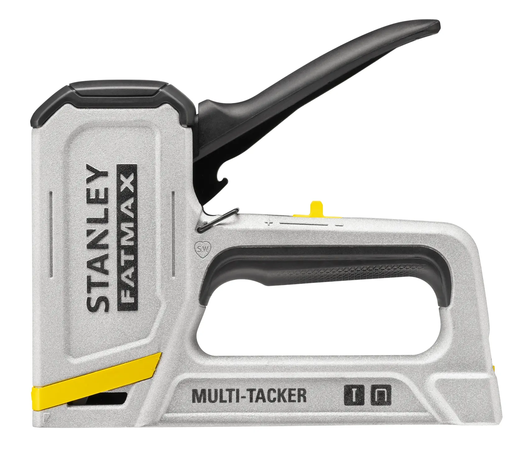 STANLEY FMHT70443-0 manual multi-tacker side view, silver and black with yellow accents, labeled FATMAX.