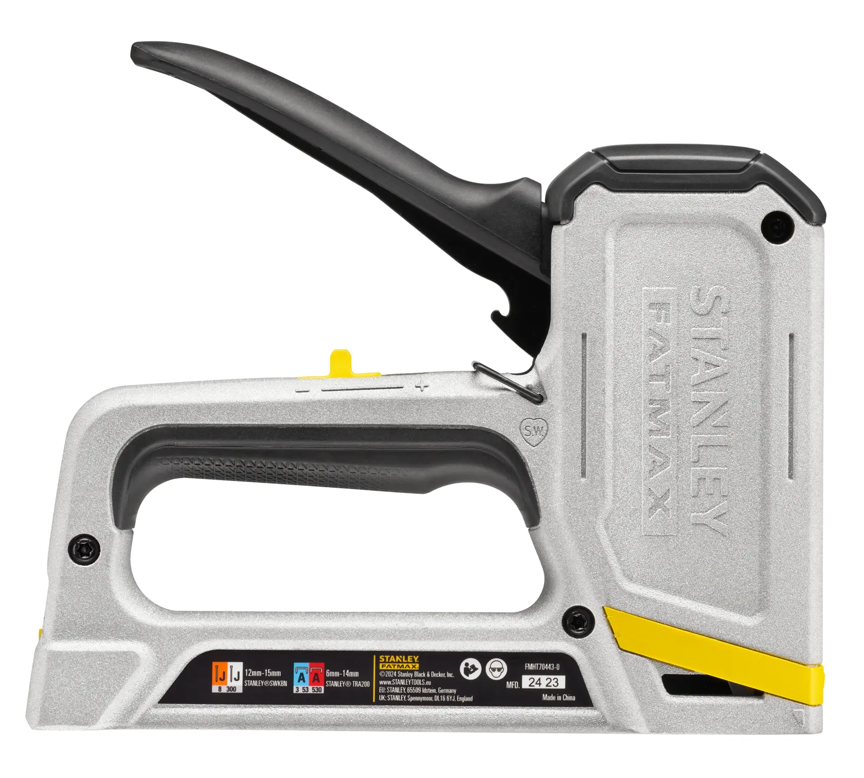 Photo of STANLEY FMHT70443-0 heavy-duty staple gun, silver and black, side view, with STANLEY FATMAX branding.