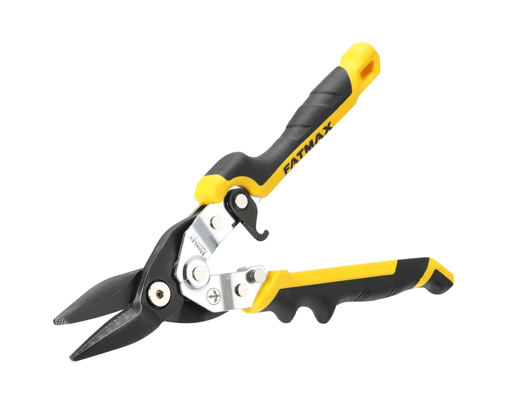 Stanley FatMax aviation snips with black and yellow ergonomic handles, designed for cutting metal sheets.