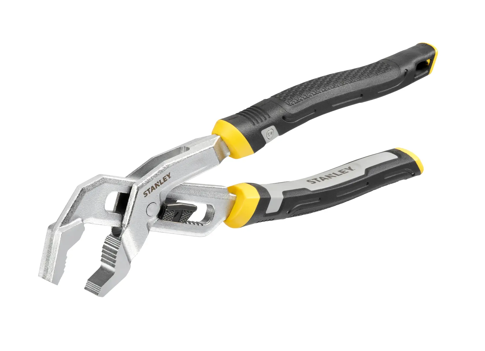 Pinces multiprises STANLEY FMHT75508-0 avec poignées noires et jaunes, vue en angle sur fond blanc.