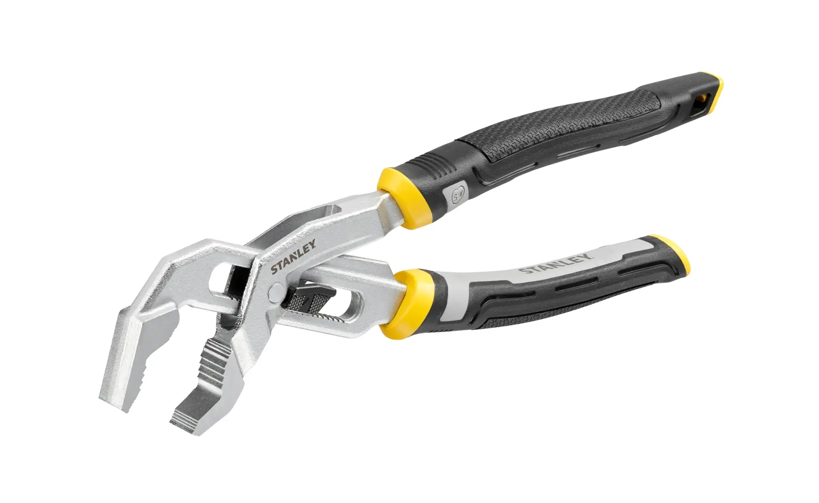 STANLEY FMHT75510-0 pince réglable avec poignée noire et jaune, photo produit, vue en angle sur fond blanc.