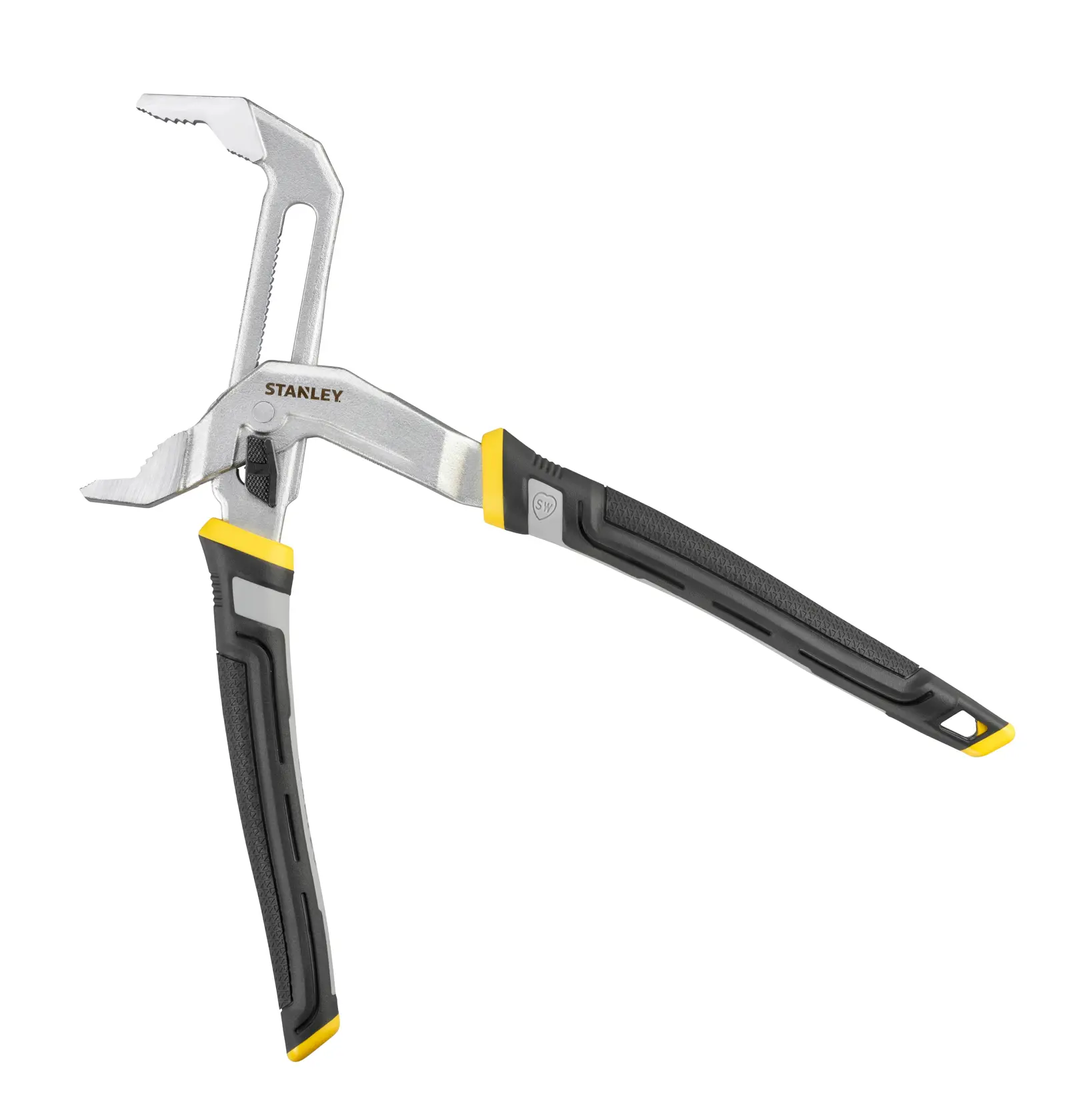 Pince multiprise STANLEY FMHT75512-0 réglable avec poignées noires et jaunes, vue de côté sur fond blanc.