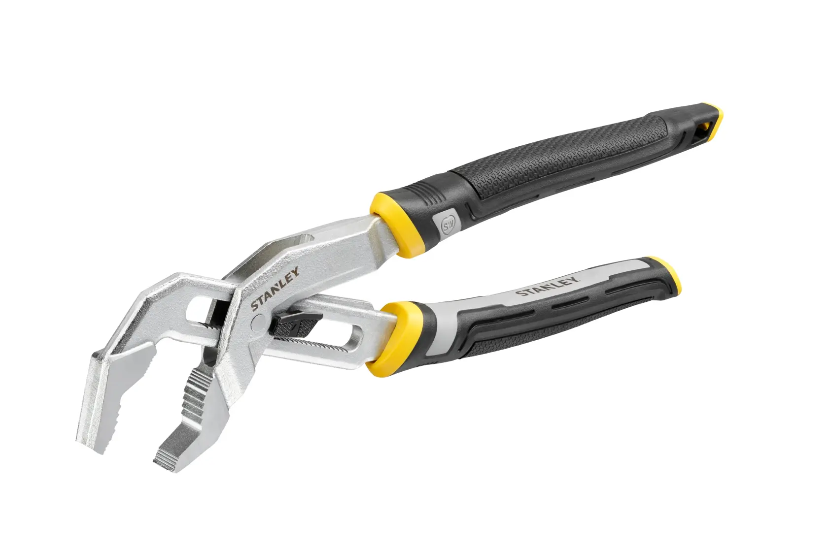 STANLEY FMHT75512-0 pince multiprise réglable avec poignées noires et jaunes, vue latérale sur fond blanc.