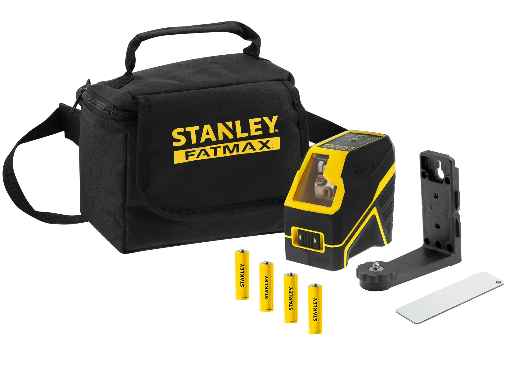 Kit Stanley Fatmax avec niveau laser, sac de transport, batteries, support et outil pour mesures précises.