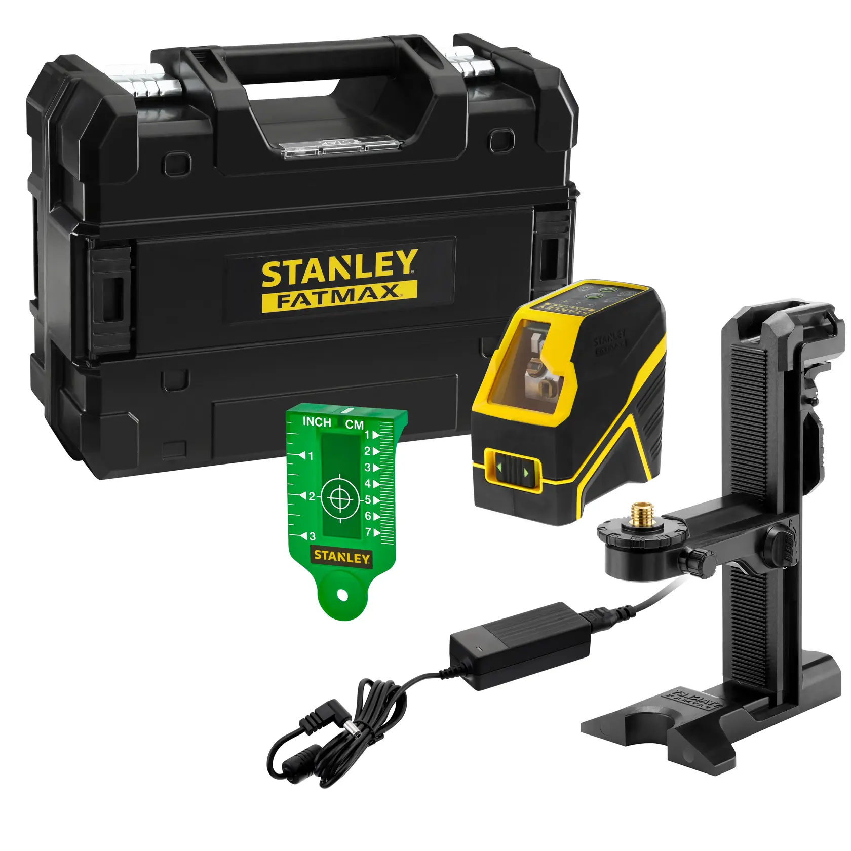 Kit niveau laser Stanley Fatmax avec mallette, support, chargeur et cible de mesure verte.