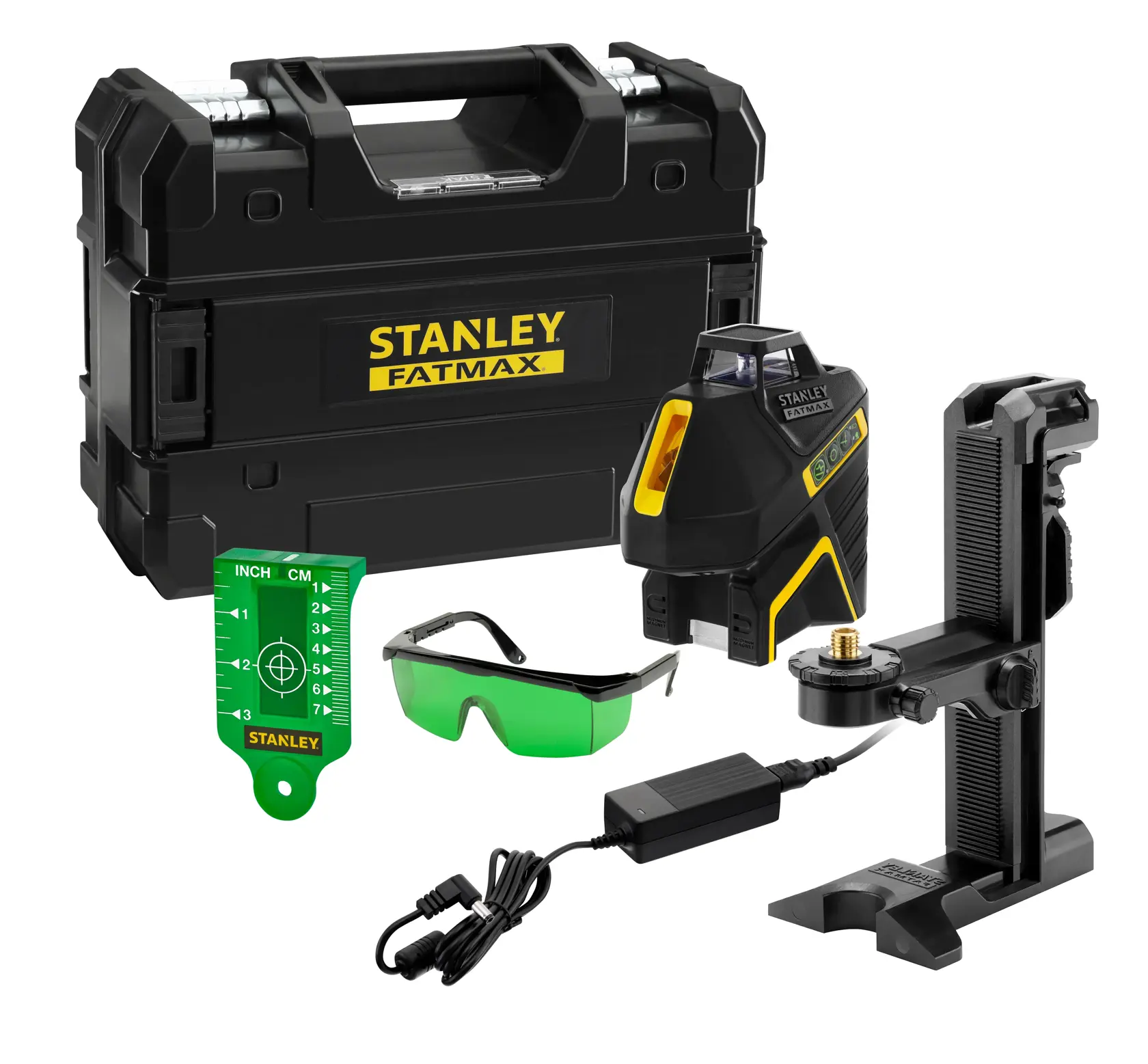 STANLEY laser level kit with case, mount, green glasses, charger, and measurement card.