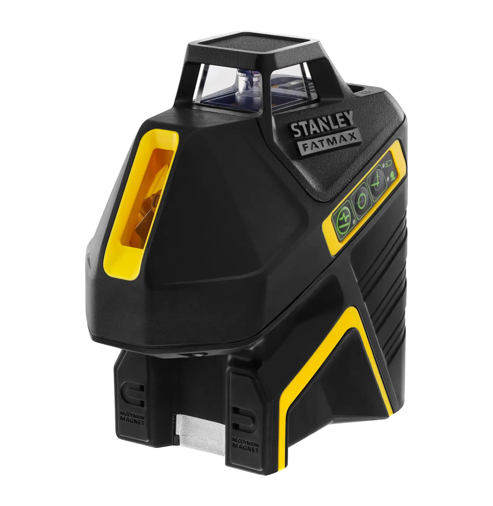 STANLEY FMHT77617-1 laser level, black and yellow, front angle, construction tool.