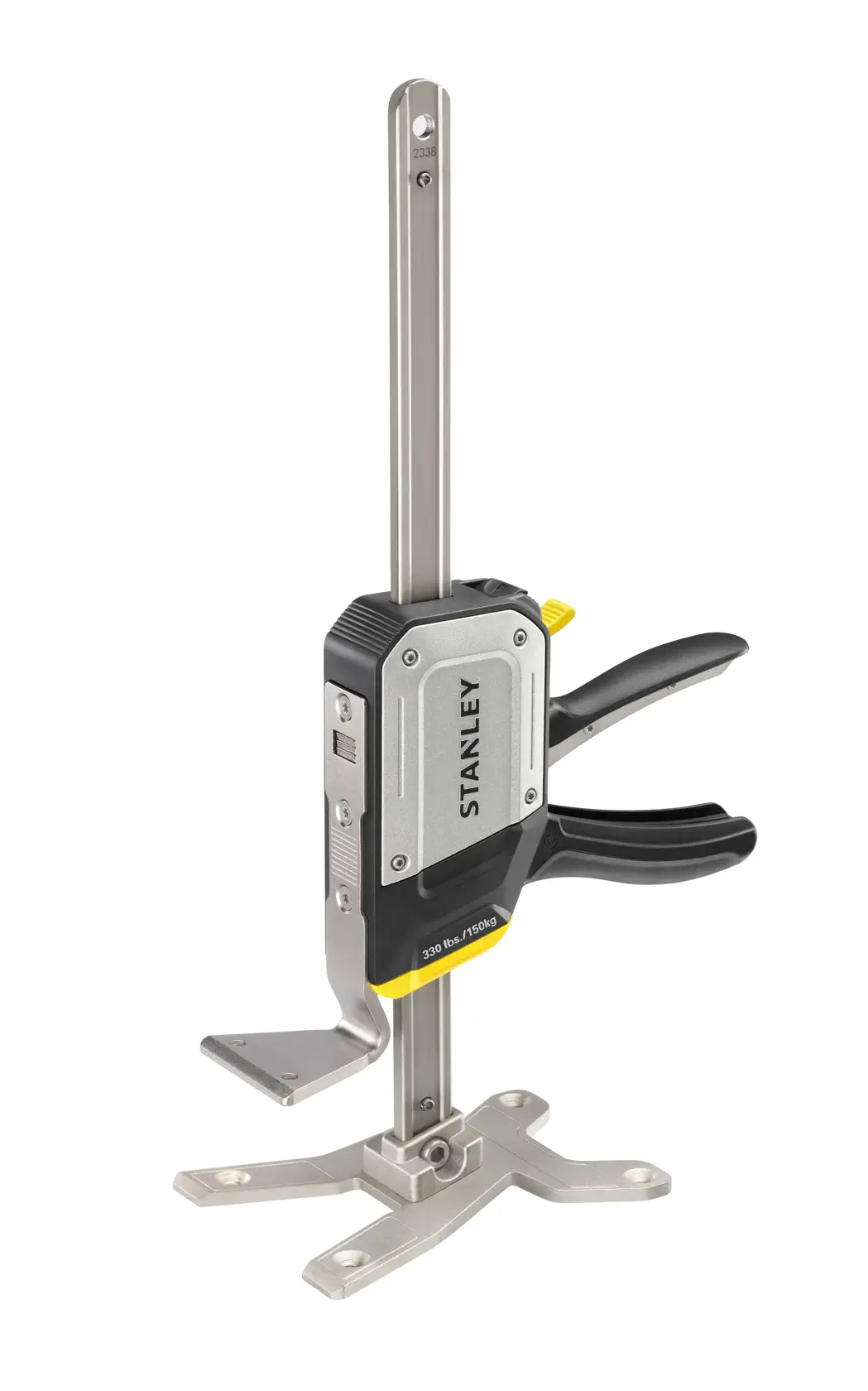 STANLEY FMHT83550-1 clamp with trigger handle, silver and black, side angle on white background.