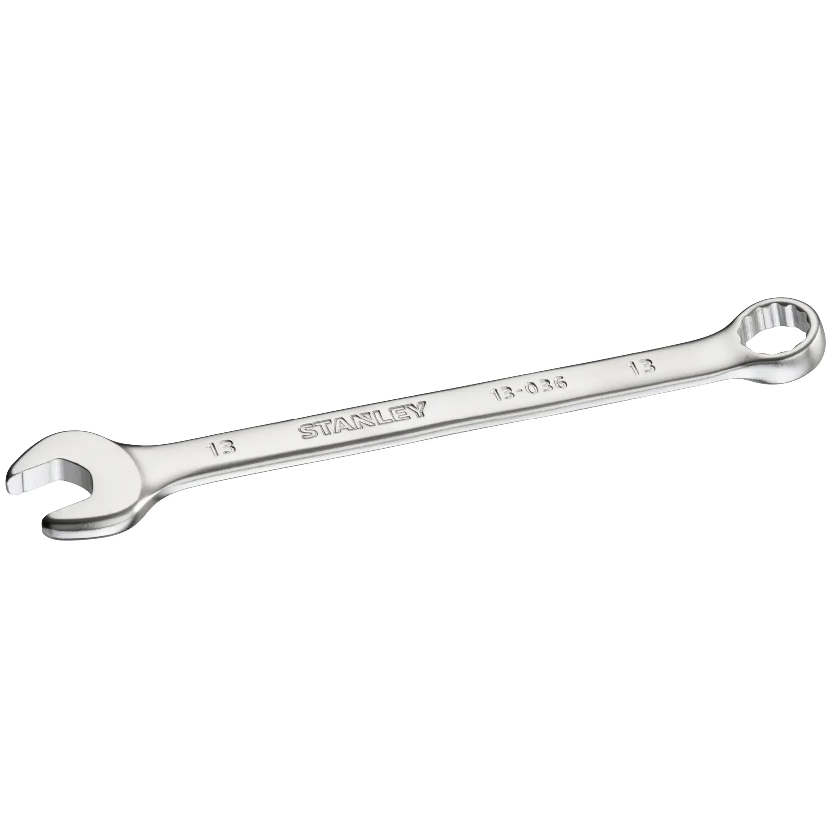 STANLEY FMMT13036-0 combination wrench, silver, with open and box ends, angled view on white background.