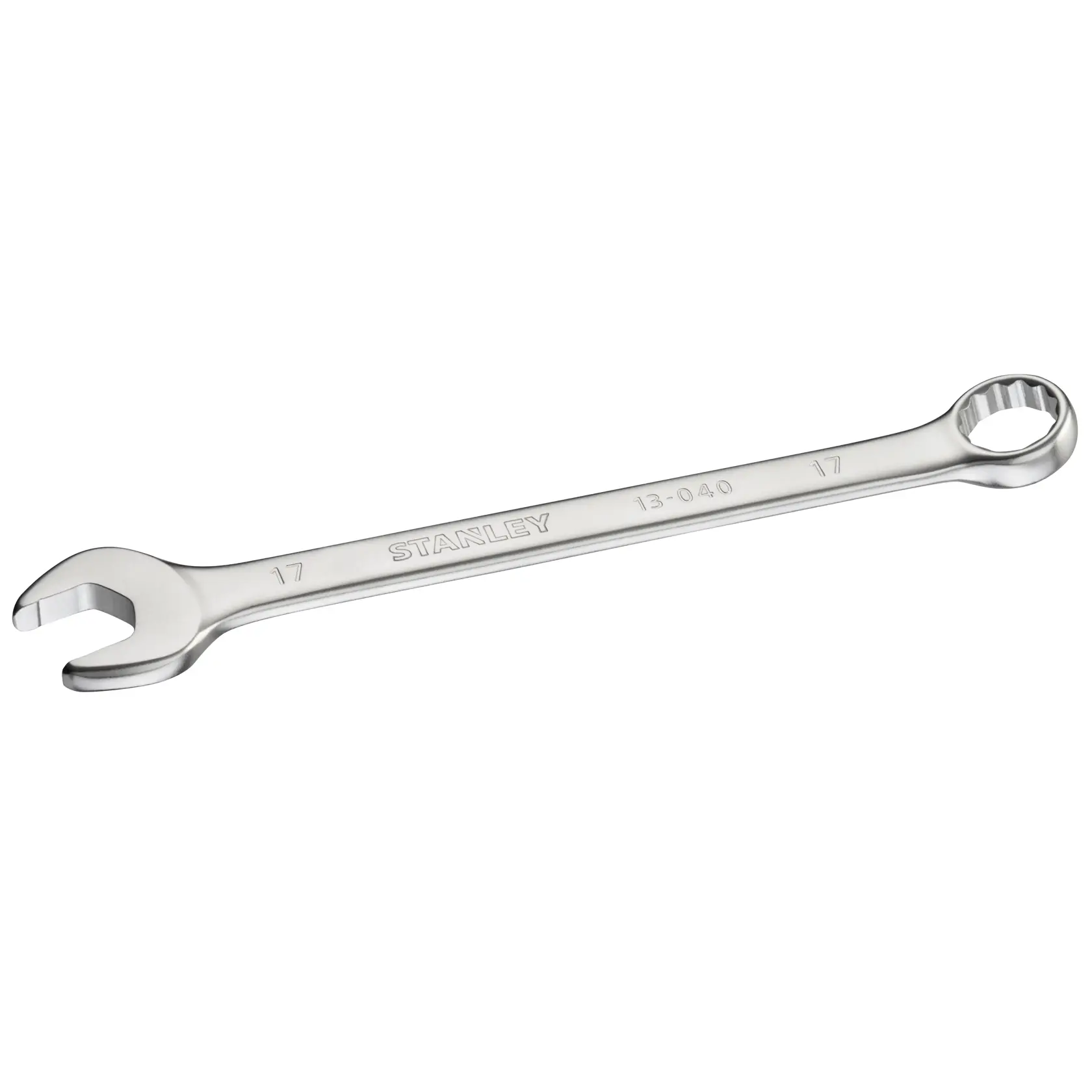 STANLEY FMMT13040-0 combination wrench, silver, right side angle, open and box ends visible.