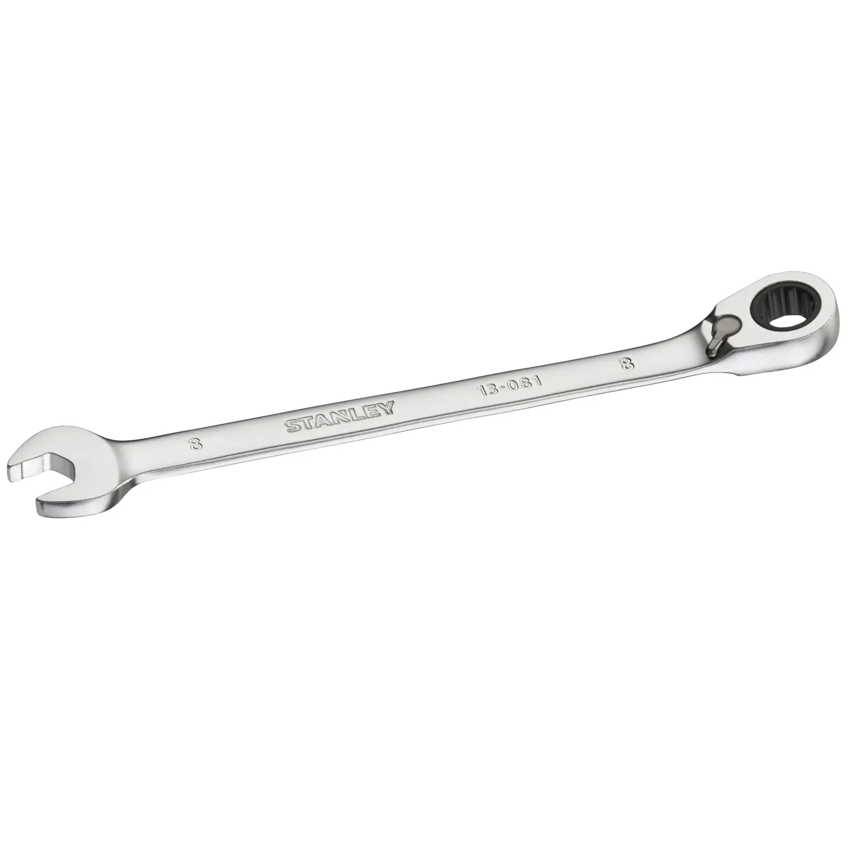 Chiave combinata a cricchetto STANLEY FMMT13081-0, finitura cromata, vista frontale su sfondo bianco.
