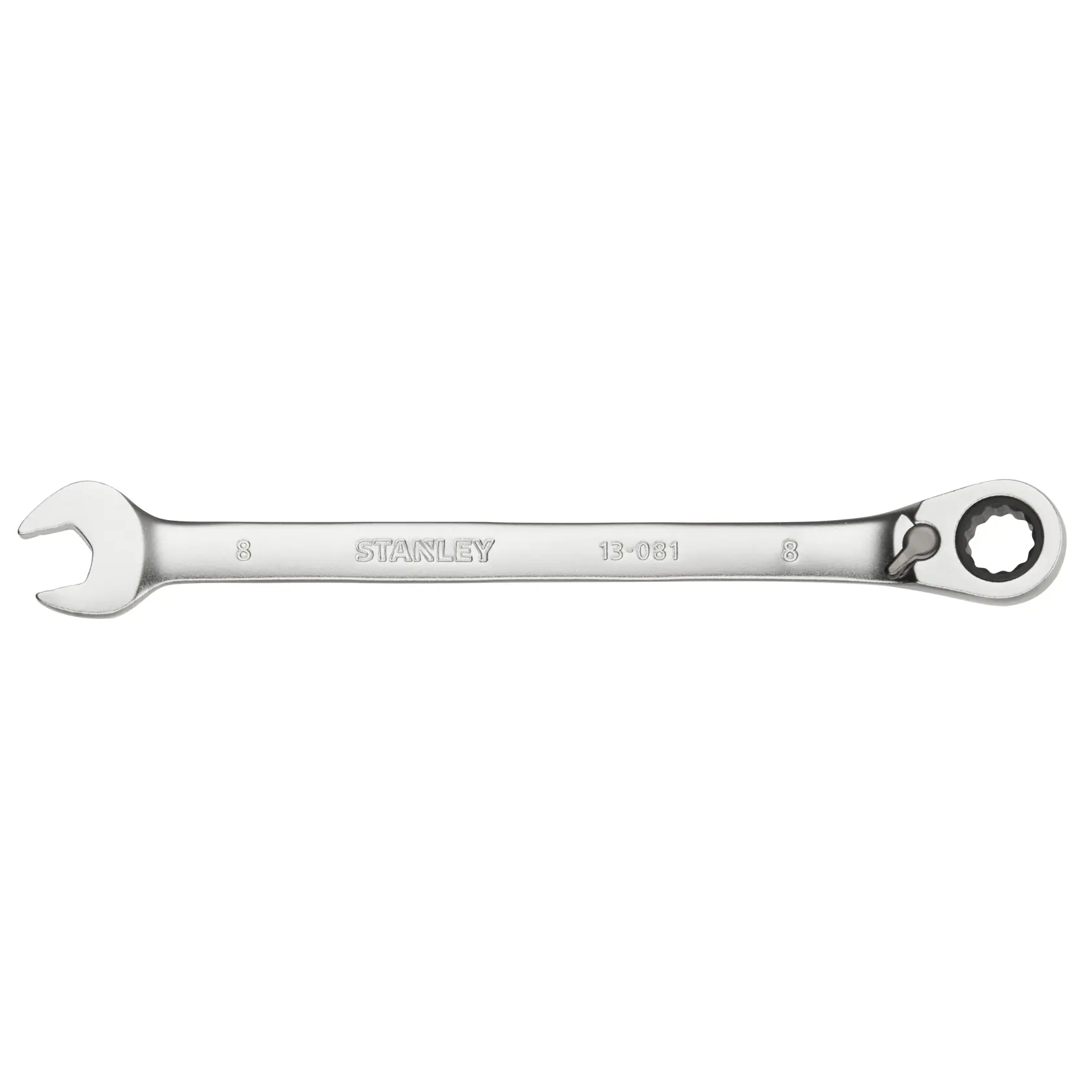 Chiave combinata a cricchetto argentata STANLEY FMMT13081-0, vista frontale su sfondo bianco.