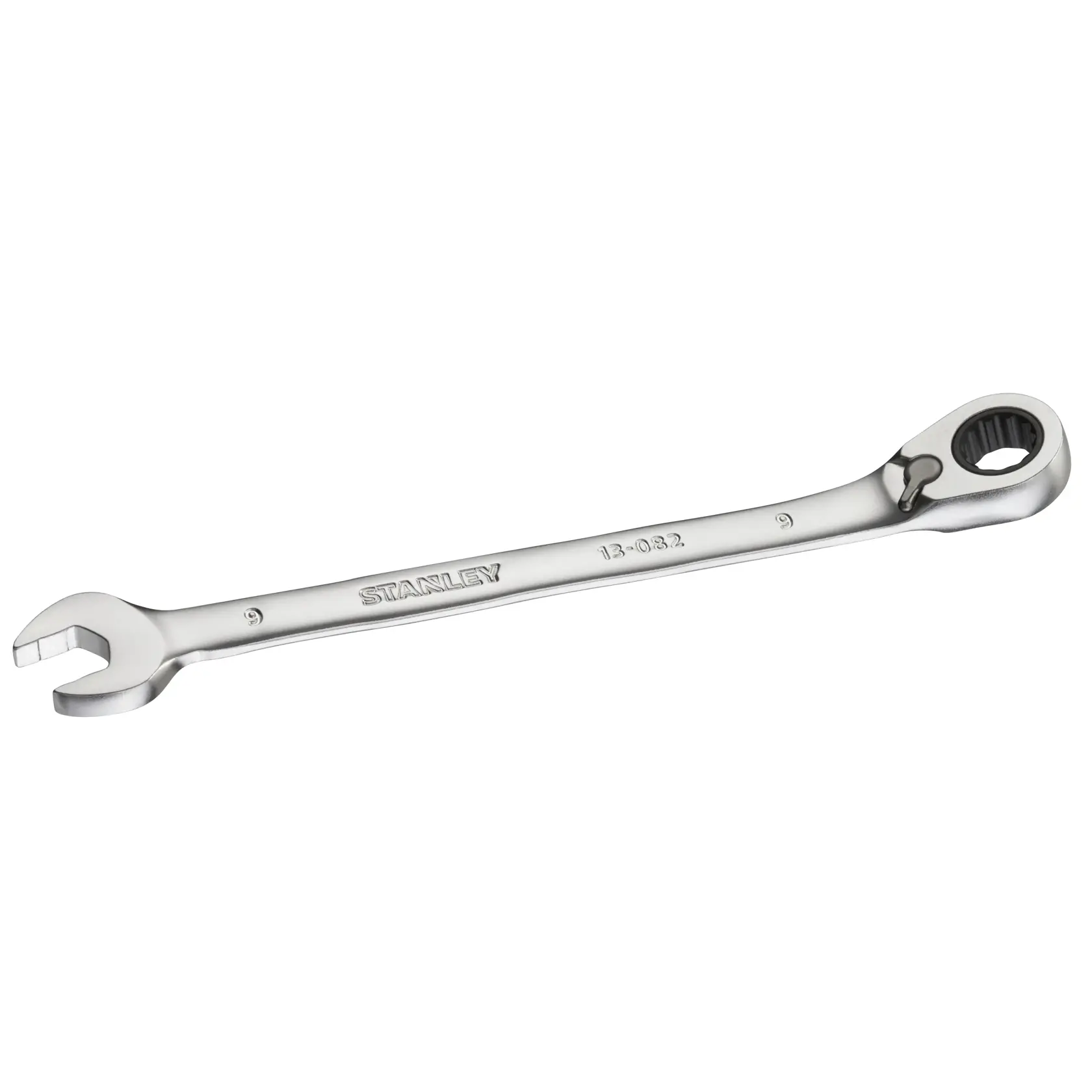 STANLEY FMMT13082-0 silver ratcheting combination wrench, side angle, on white background.