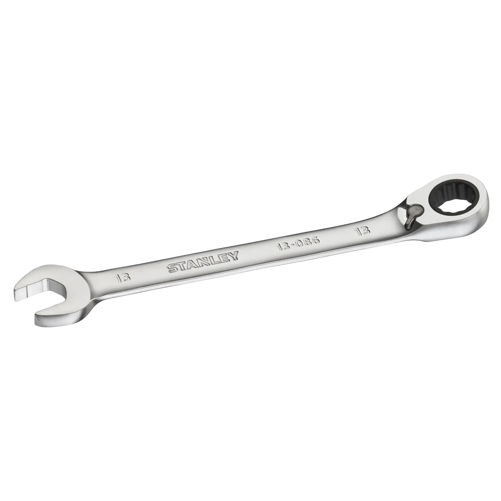 STANLEY FMMT13086-0 clé mixte à cliquet argentée, angle latéral plat, outil à main.