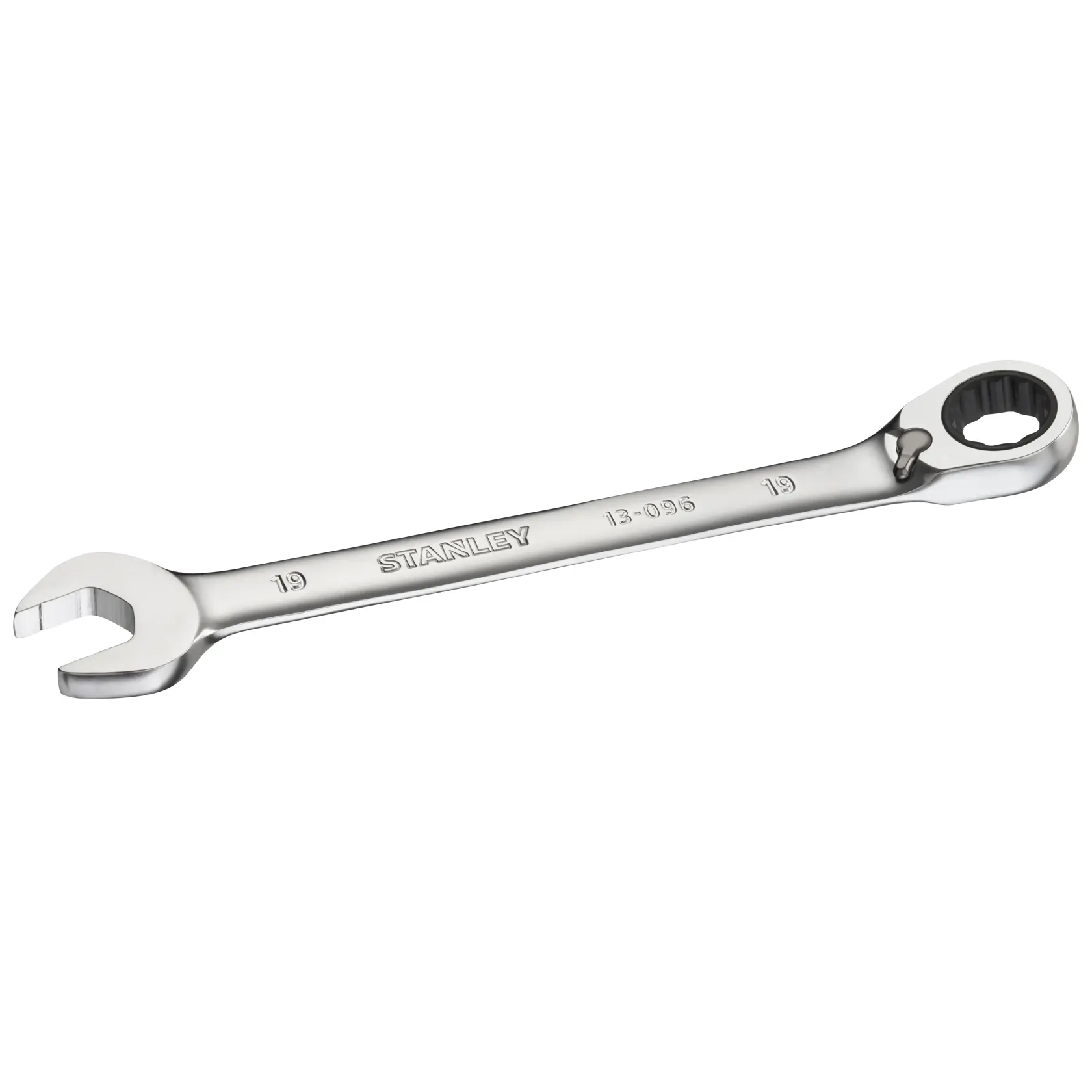 Clé combinée à cliquet STANLEY FMMT13096-0 argentée, vue en angle sur fond blanc