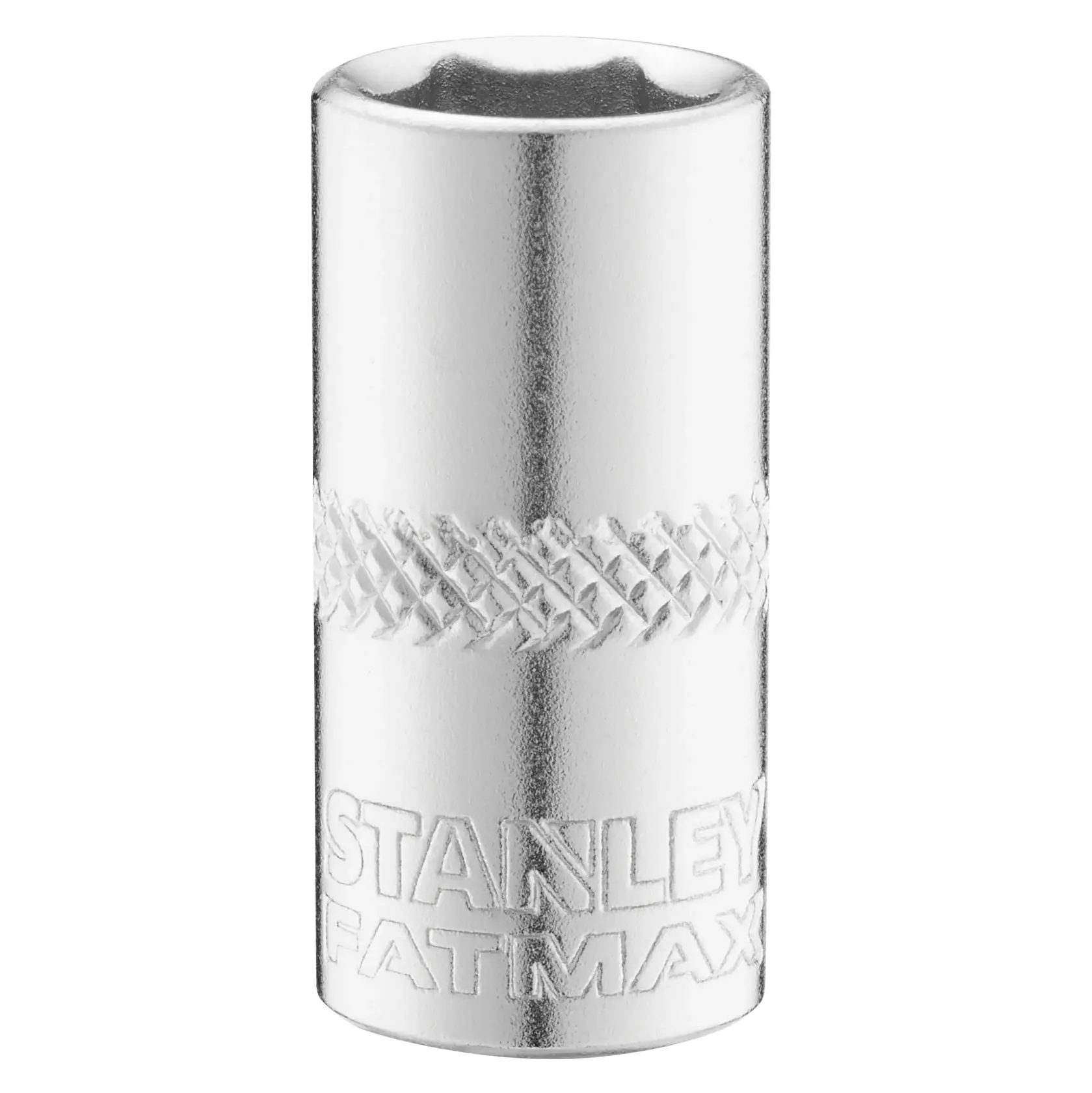 Photographie du STANLEY FMMT17193-0 douille chromée, forme cylindrique, grip moleté, angle frontal, accessoire d’outil.