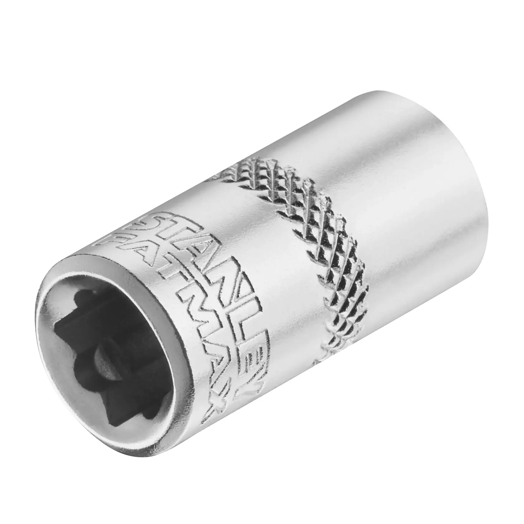 STANLEY FMMT17193-0 douille chromée, prise moletée, photographie de produit sur fond blanc.