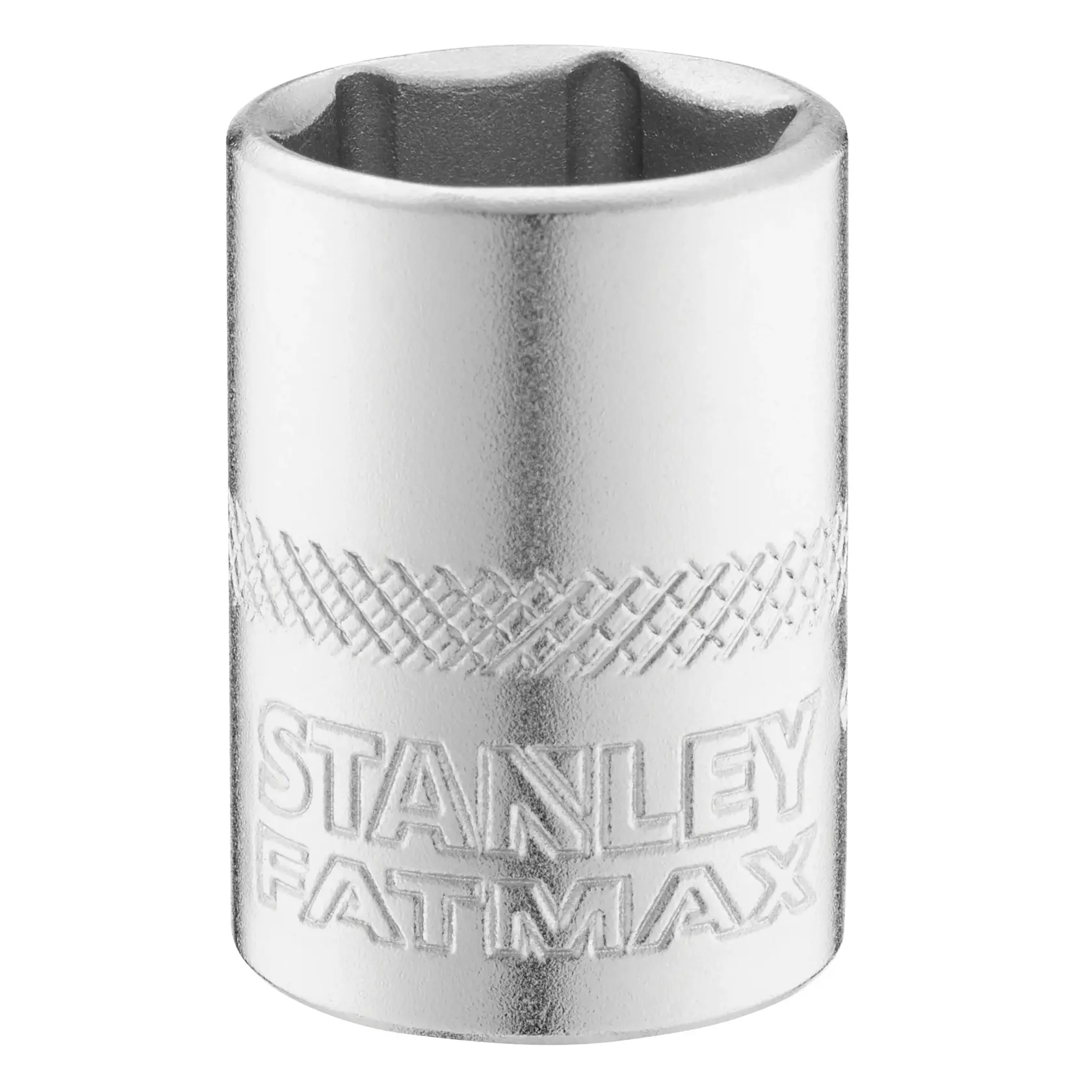 STANLEY FMMT17198-0 douille chromée, outil cylindrique avec prise moletée, vue de face sur fond blanc.