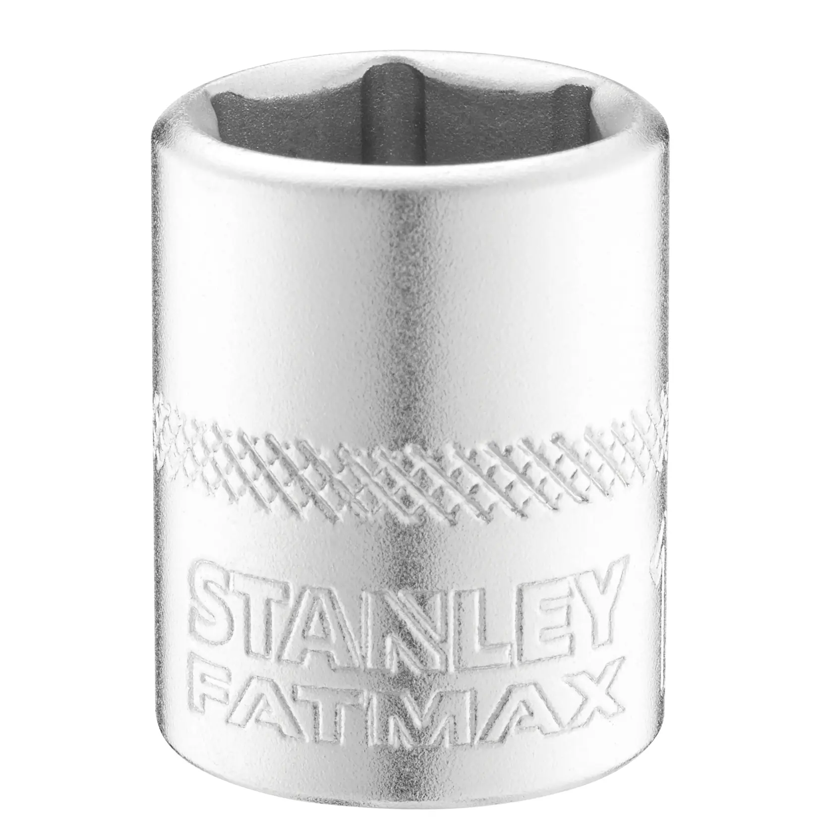 Photo of STANLEY FMMT17207-0 FATMAX chrome socket, knurled grip, product photography, white background.