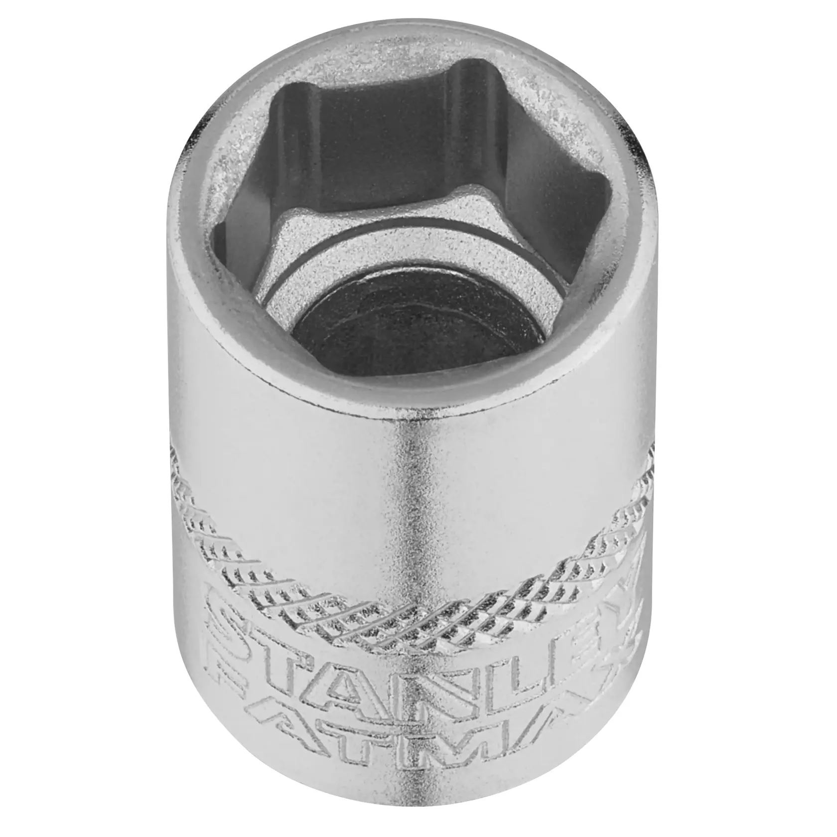STANLEY FMMT17212-0 douille chromée, hexagonale, compacte, marque gravée, photographie en vue de dessus sur fond blanc.