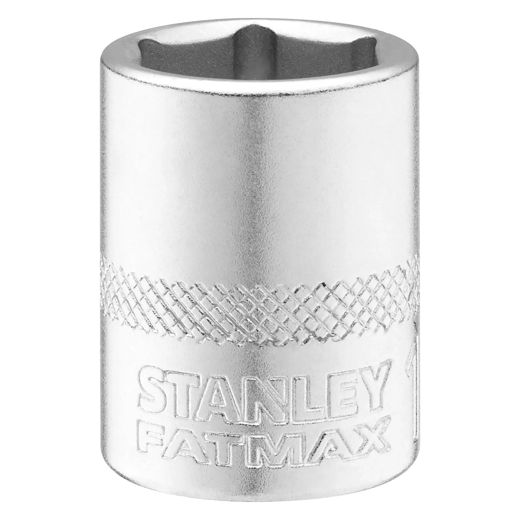 STANLEY FMMT17216-0 chrome socket with knurled grip, product photography, front angle on white background.