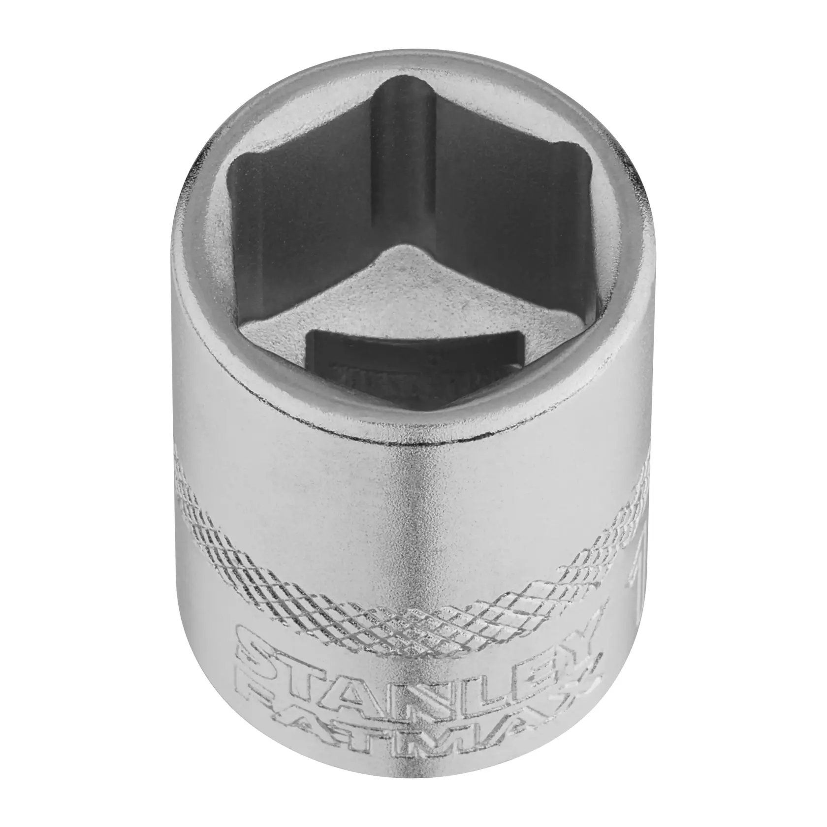 STANLEY FMMT17216-0 chrome socket, knurled grip, top view, on white background, hand tool accessory.