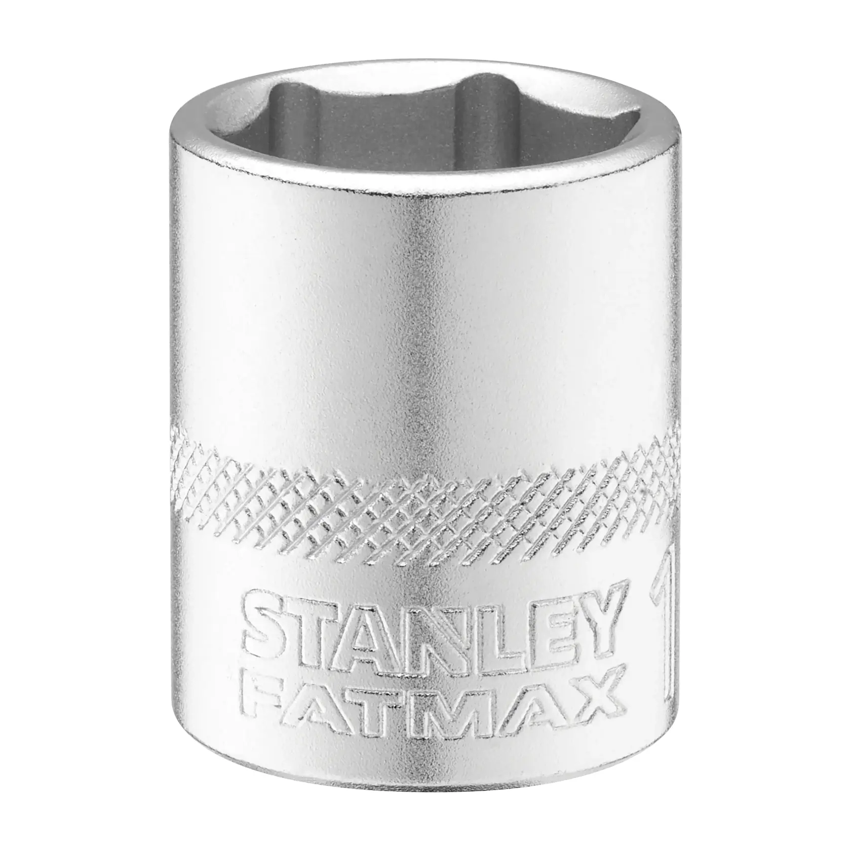 STANLEY FMMT17217-0 douille chromée, logo en relief, angle droit, photographie sur fond blanc.