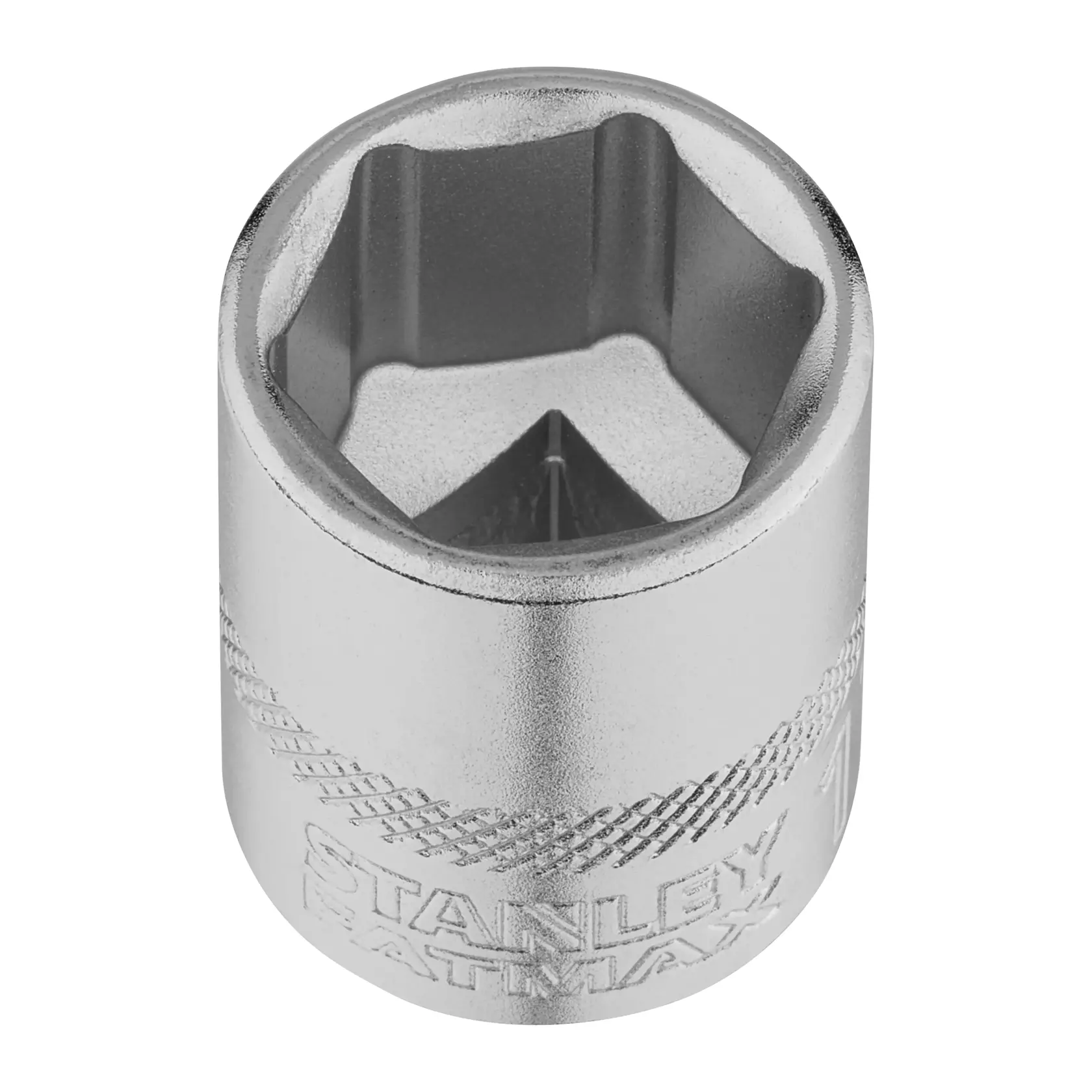 STANLEY FMMT17217-0 douille chromée, prise moletée, standard 6 pans, photo du produit vue de dessus en angle.