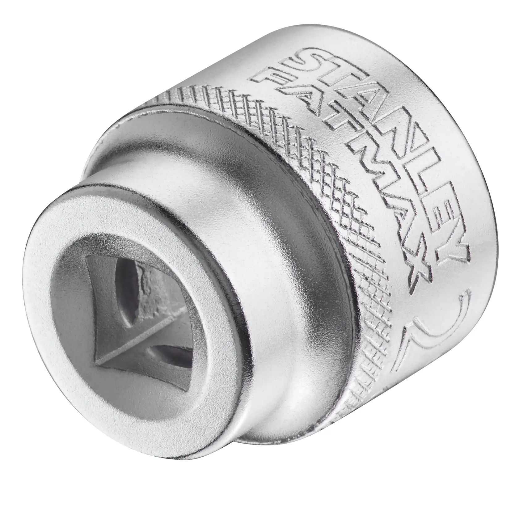 STANLEY FMMT17222-0 adaptateur de douille chromé, prise moletée, photographie, vue en angle sur fond blanc.