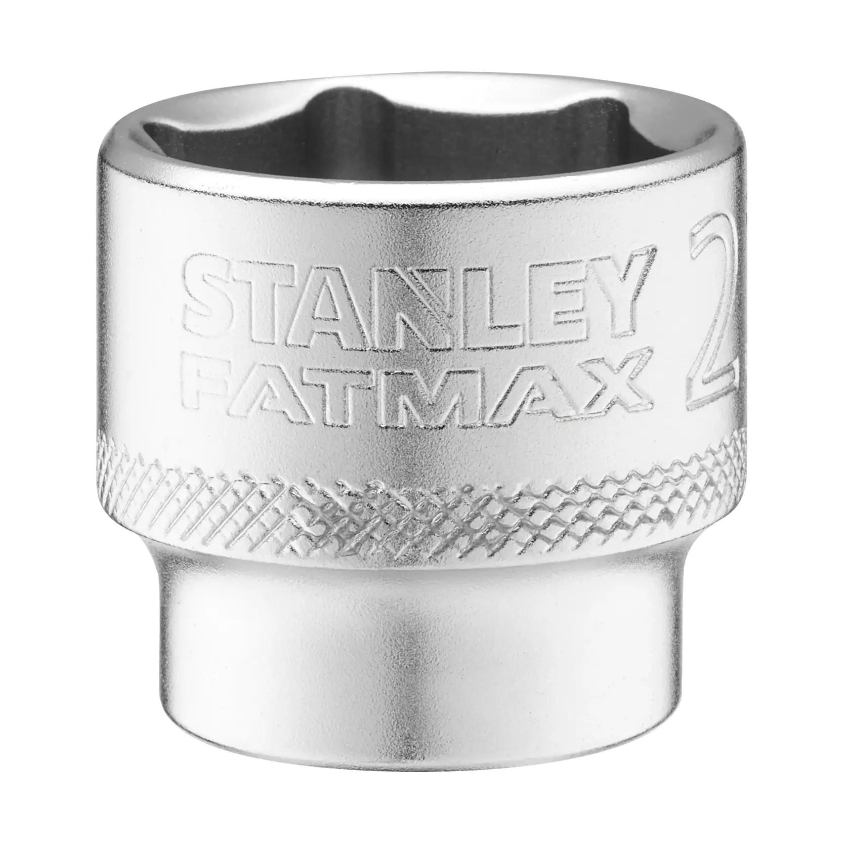 STANLEY FMMT17223-0 chrome socket, engraved with STANLEY FATMAX logo, photography, straight-on angle.