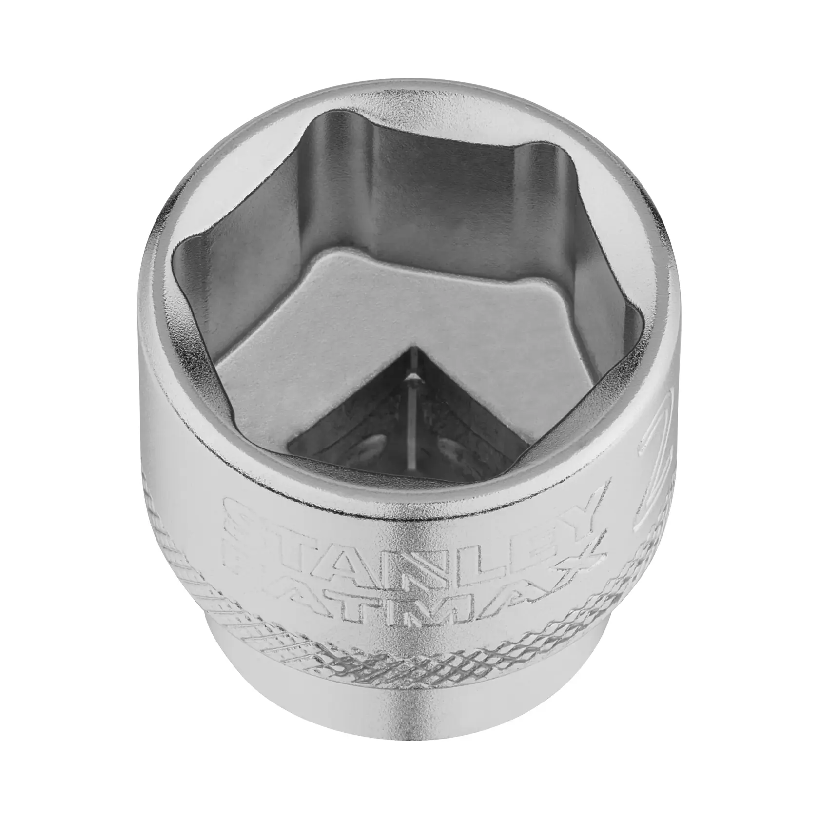 STANLEY FMMT17223-0 chrome socket, close-up top angle, showing six-point interior design.
