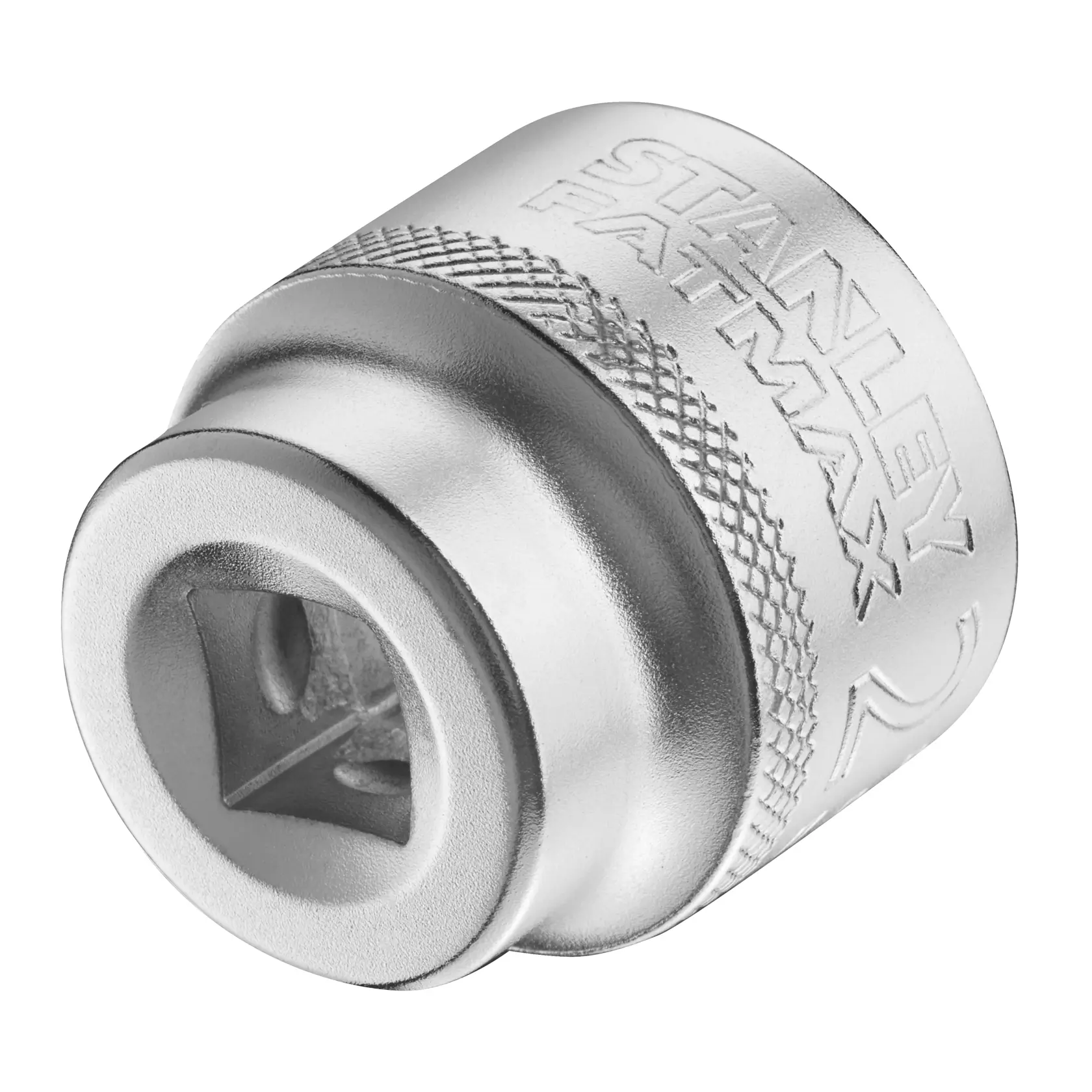 Photo of STANLEY FMMT17223-0 chrome socket with knurled grip, engraved STANLEY FATMAX logo, close-up angle.