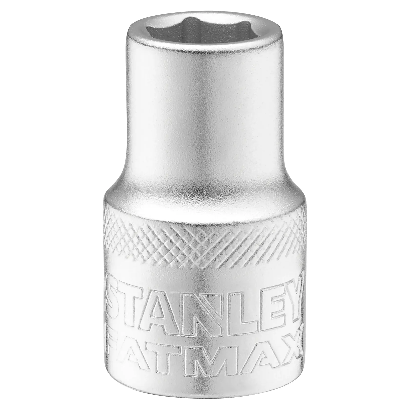 STANLEY FMMT17230-0 chrome socket with knurled grip, front angle, tool accessory on white background.