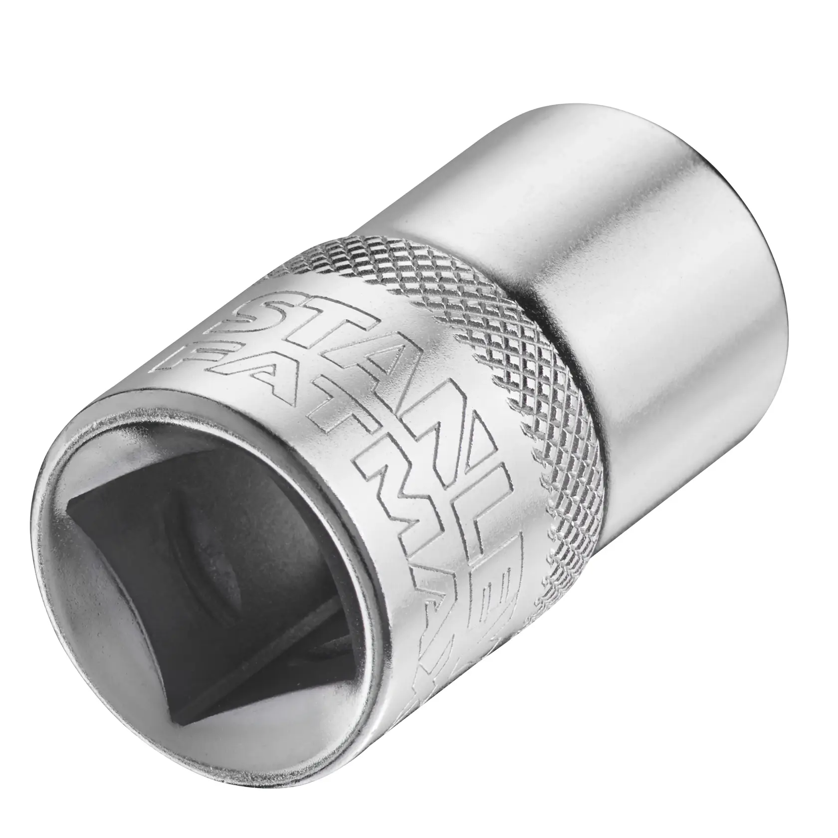 STANLEY FMMT17234-0 chrome socket, close-up angled view, knurled grip and engraved logo visible.