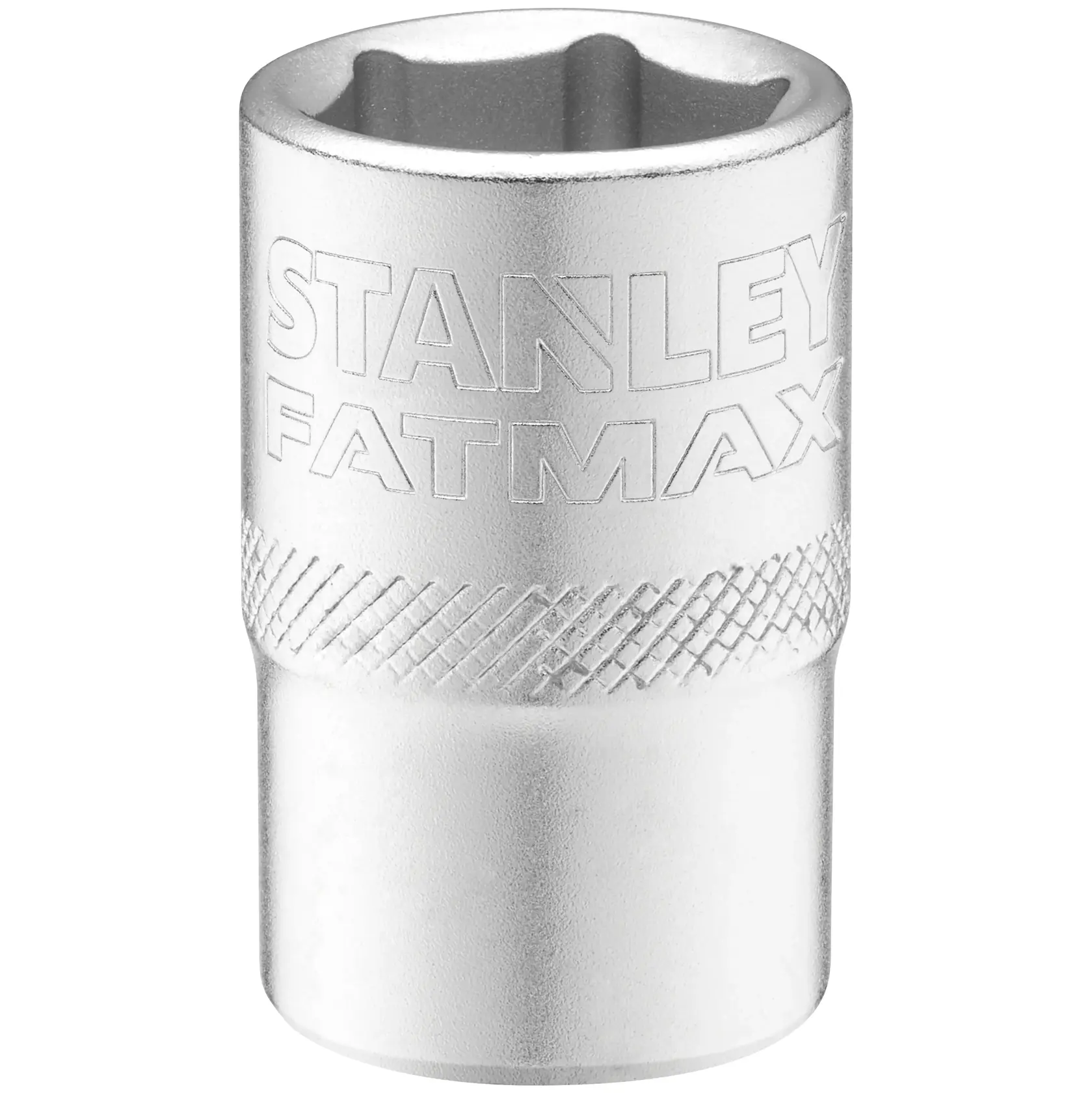 STANLEY FMMT17236-0 douille, finition chromée, marquage STANLEY FATMAX, prise moletée, vue de face, fond blanc.