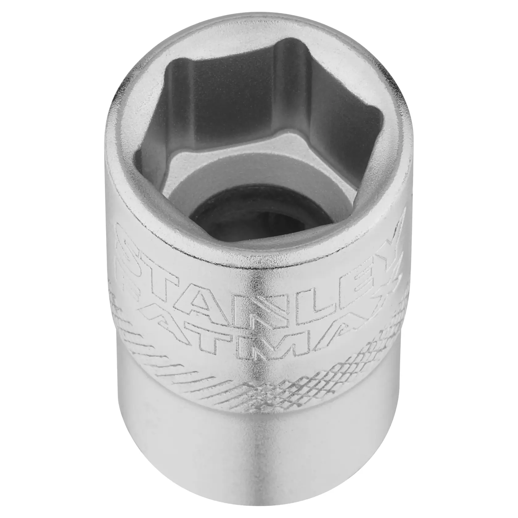STANLEY FMMT17236-0 bussola cromata, logo STANLEY inciso, utensile, vista frontale, sfondo bianco.