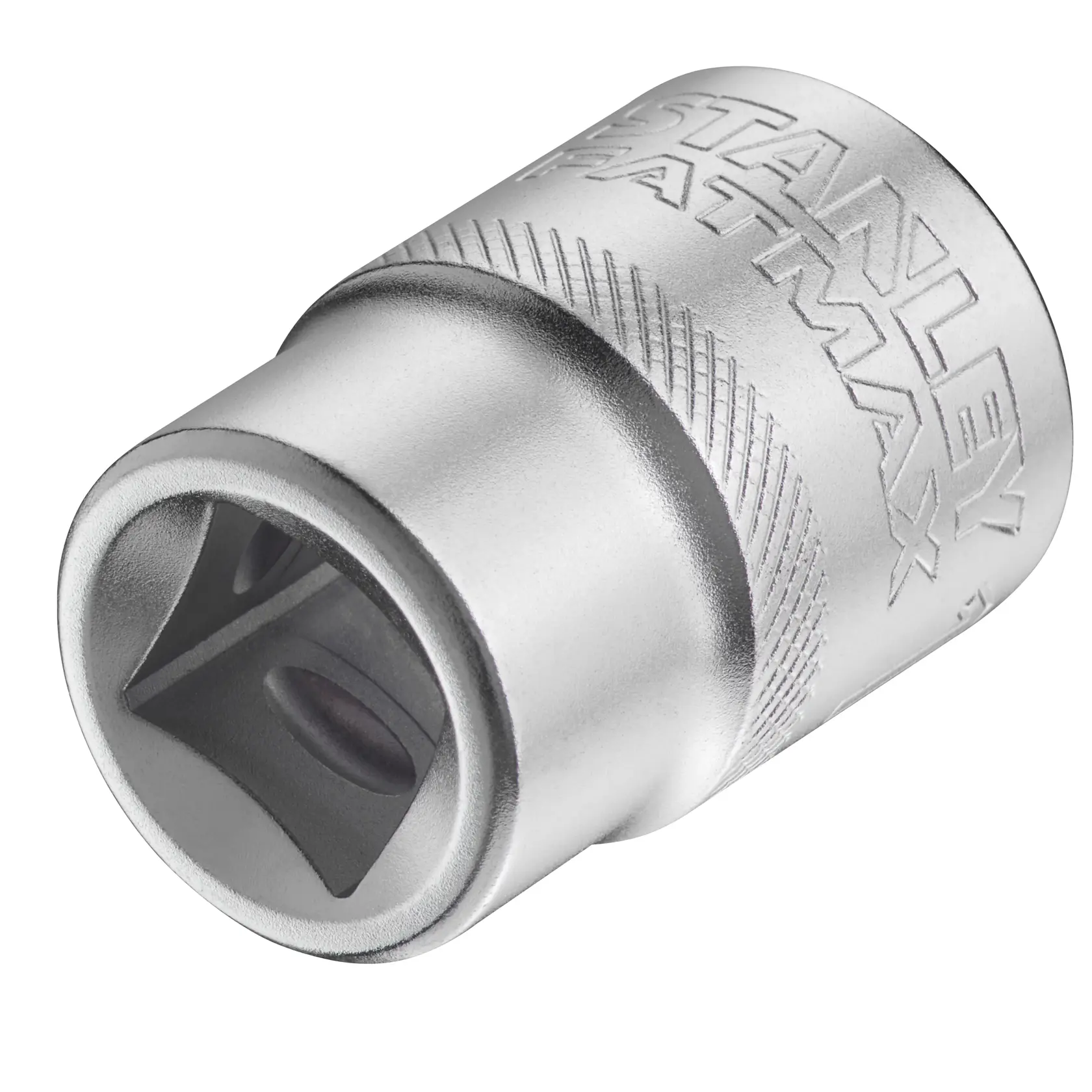 Adattatore cromato per bussole STANLEY FMMT17238-0, vista angolata ravvicinata con logo inciso, accessorio per utensili manuali.