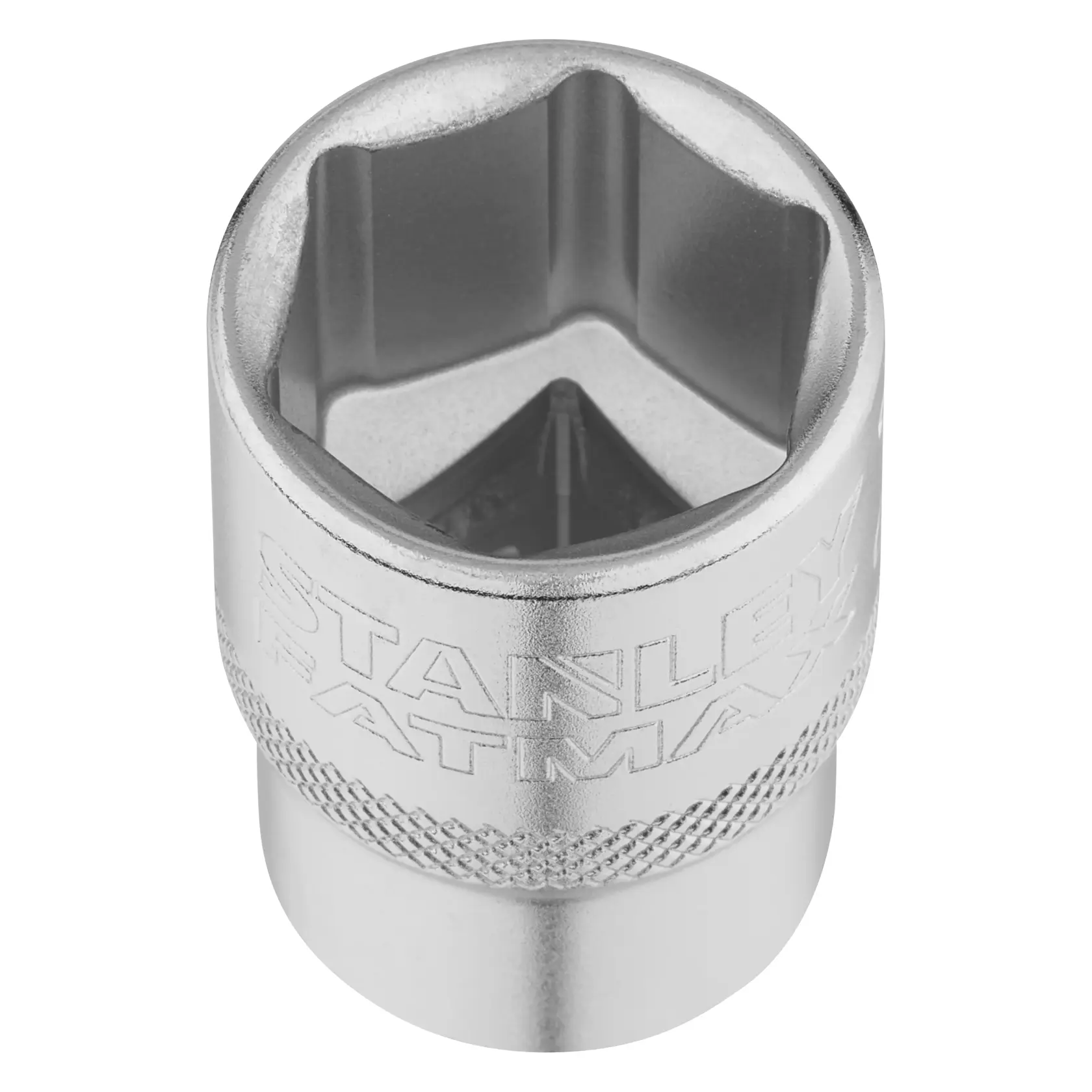 STANLEY FMMT17239-0 chrome socket, top angle, hexagonal shape with knurled grip, hand tool accessory.