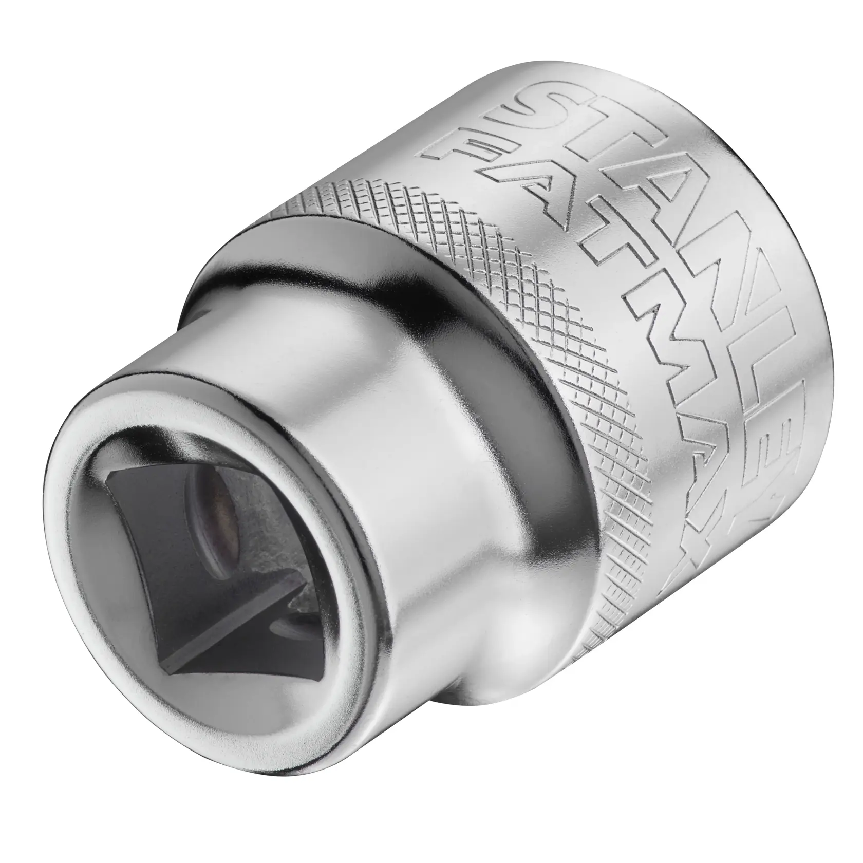 Adaptateur de douille chromé STANLEY FMMT17243-0 avec surface moletée, gros plan sur fond blanc, accessoire d’outil.