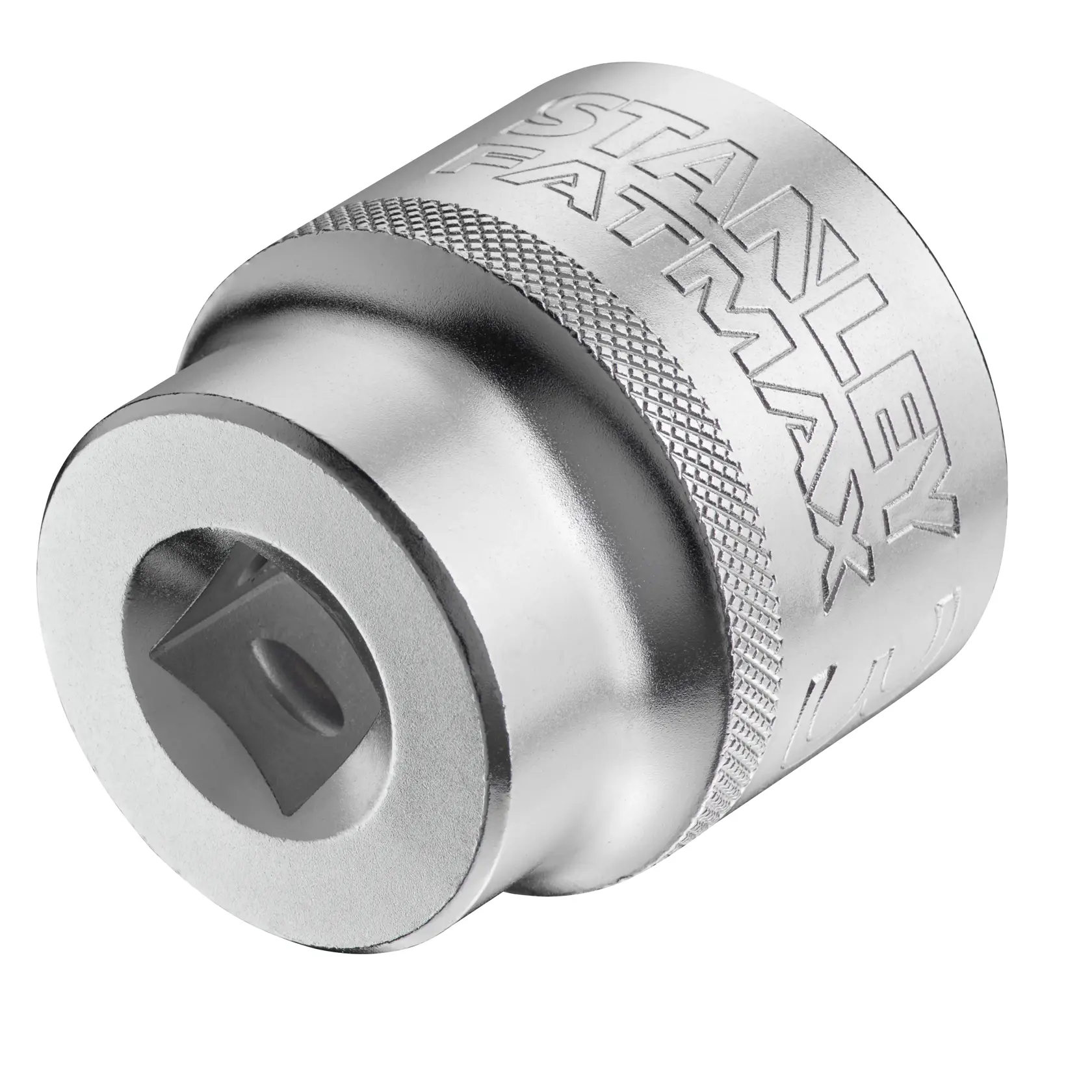 Adaptateur de douille chromé STANLEY FMMT17247-0, vue rapprochée et en angle sur fond blanc.