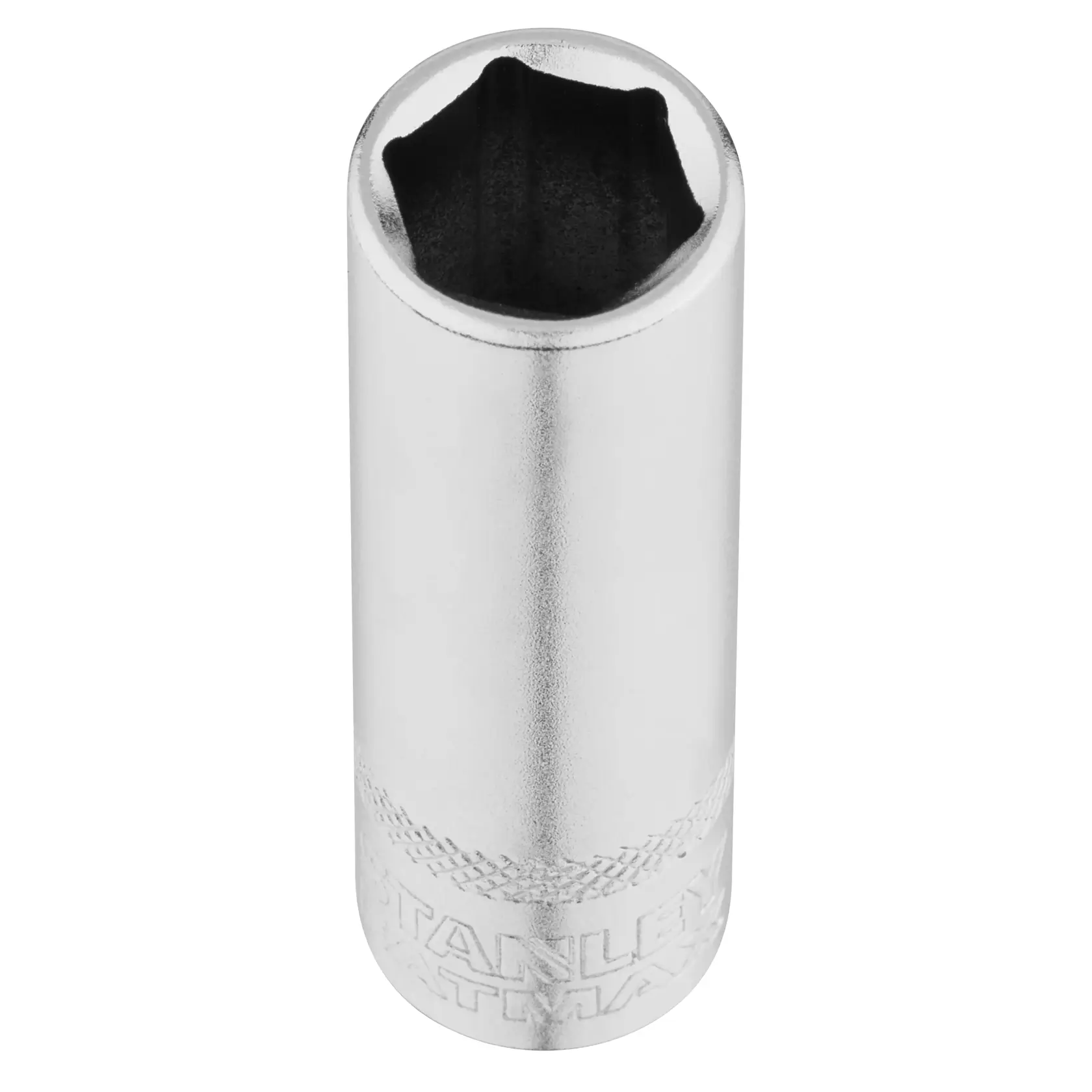 STANLEY FMMT17963-0 douille finition chrome, forme cylindrique, angle supérieur, produit de photographie.