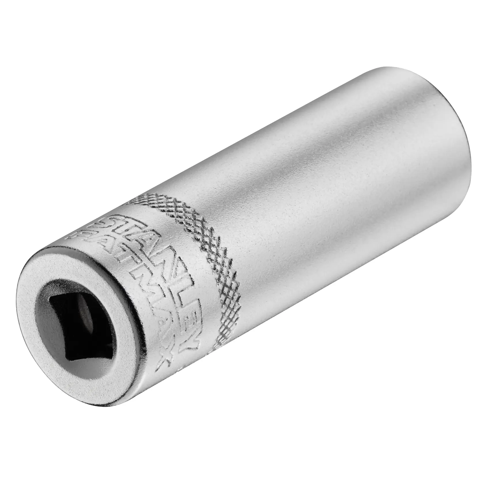 STANLEY FMMT17964-0 chrome socket, cylindrical design, knurled grip, angled side view on white.