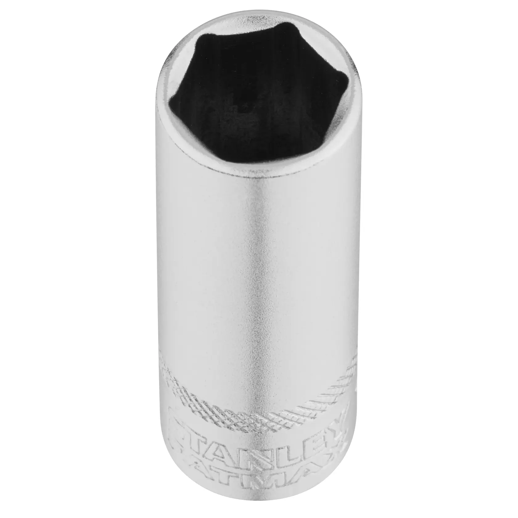 STANLEY FMMT17965-0 chrome socket, top angle, six-point interior, tool accessory, silver finish.