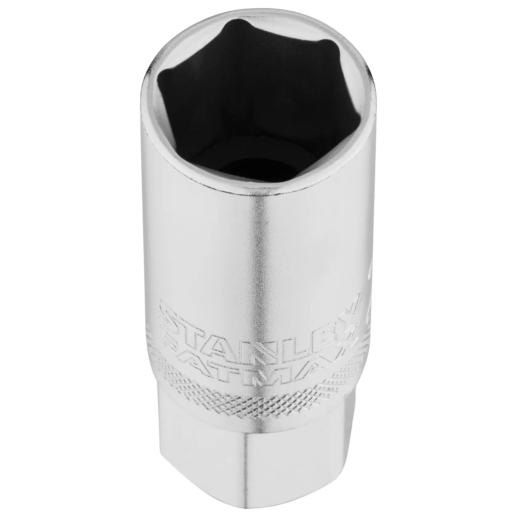 Photo of STANLEY FMMT17968-0 chrome socket from an angled top view, showing knurled grip and six-point opening.