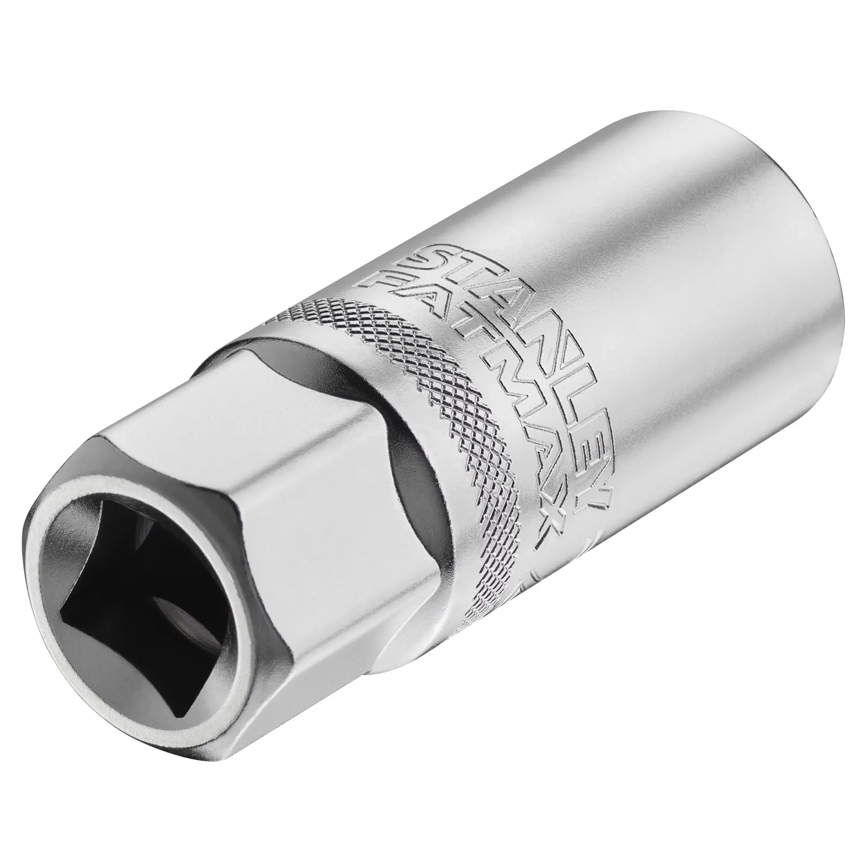 STANLEY FMMT17968-0 chrome socket, knurled grip, embossed branding, close-up angle on white background.