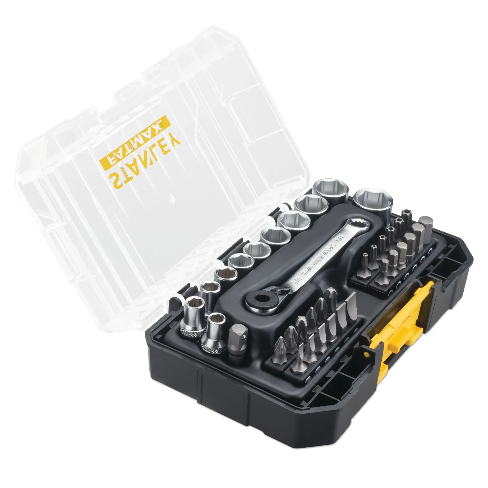 STANLEY FMMT19101-0 coffret de douilles et embouts dans une boîte noire avec couvercle transparent, vue du dessus.