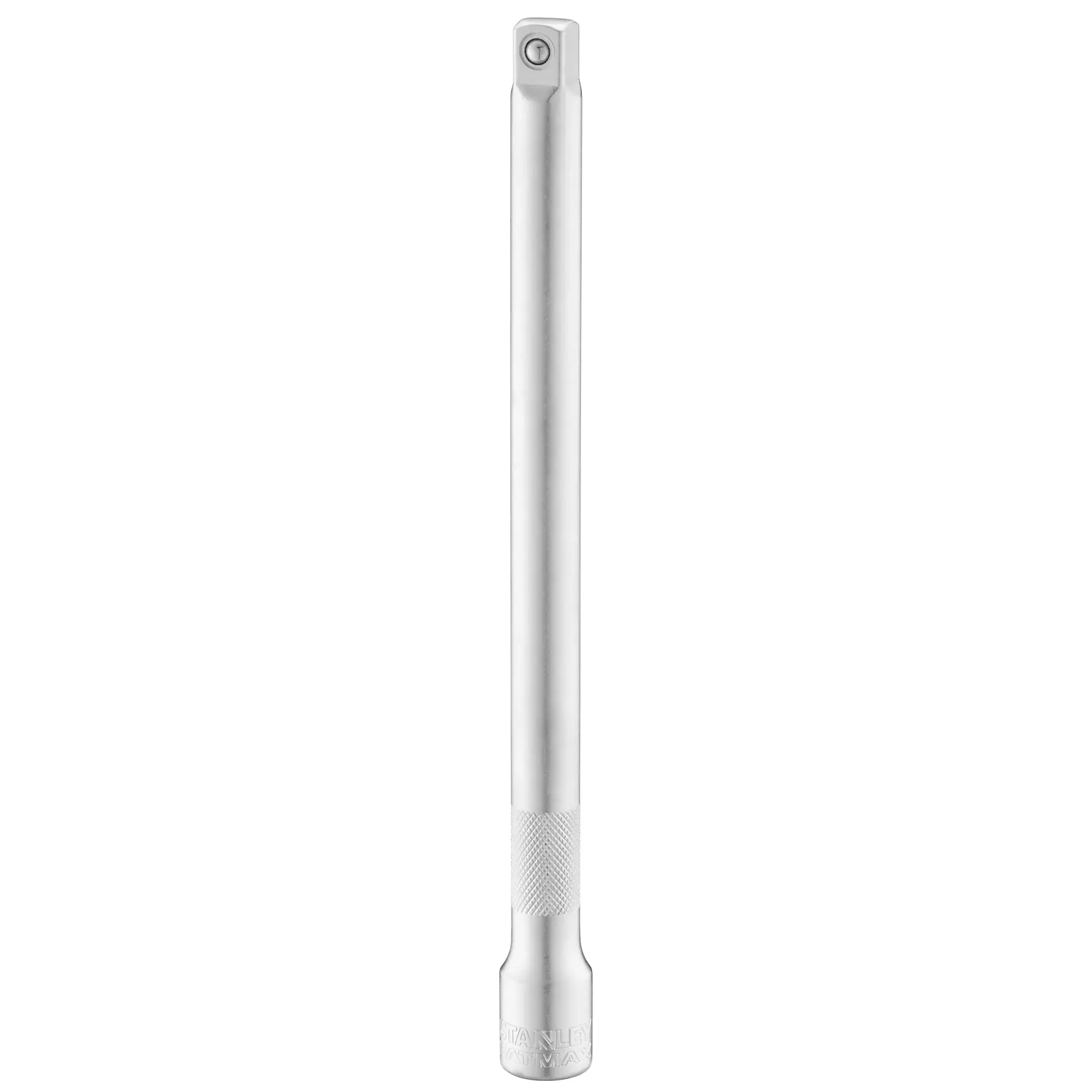 STANLEY FMMT25122-0 barre d'extension chromée, poignée moletée, accessoire pour douille, angle frontal, fond blanc.