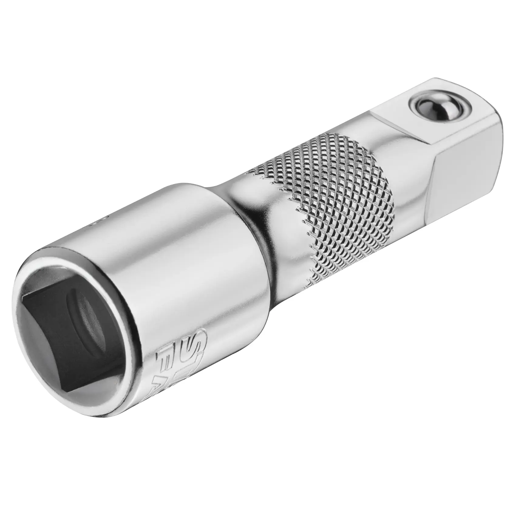 Adattatore cromato STANLEY FMMT25123-0 con impugnatura zigrinata, mostrato angolato su sfondo bianco.