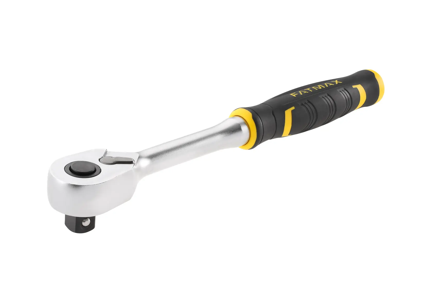 Clé à cliquet STANLEY FMMT82676-0 avec poignée ergonomique noire et jaune, angle latéral sur fond blanc.
